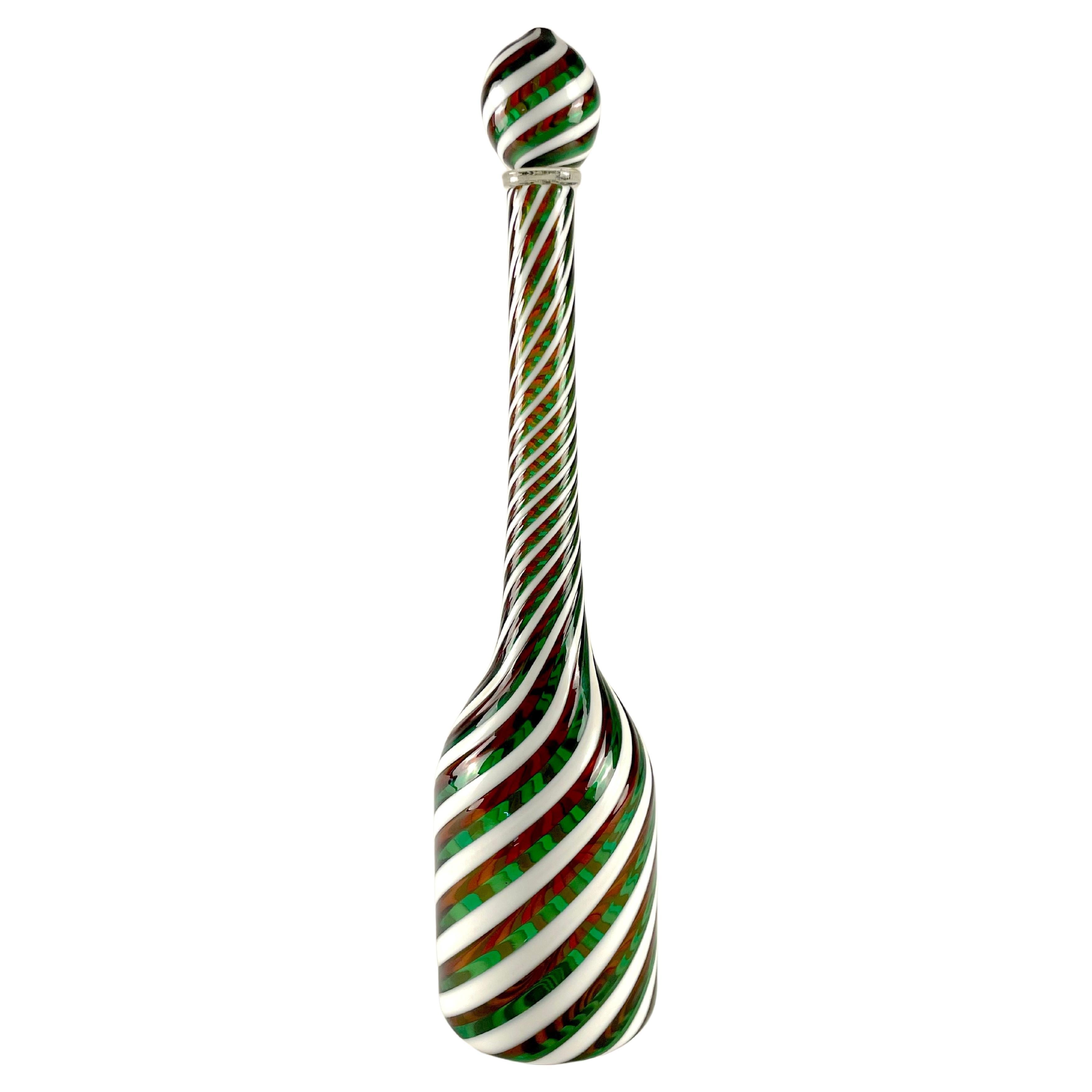 Glass Bottle with stopper - red, green and lattimo, by Fratelli Toso Murano For Sale