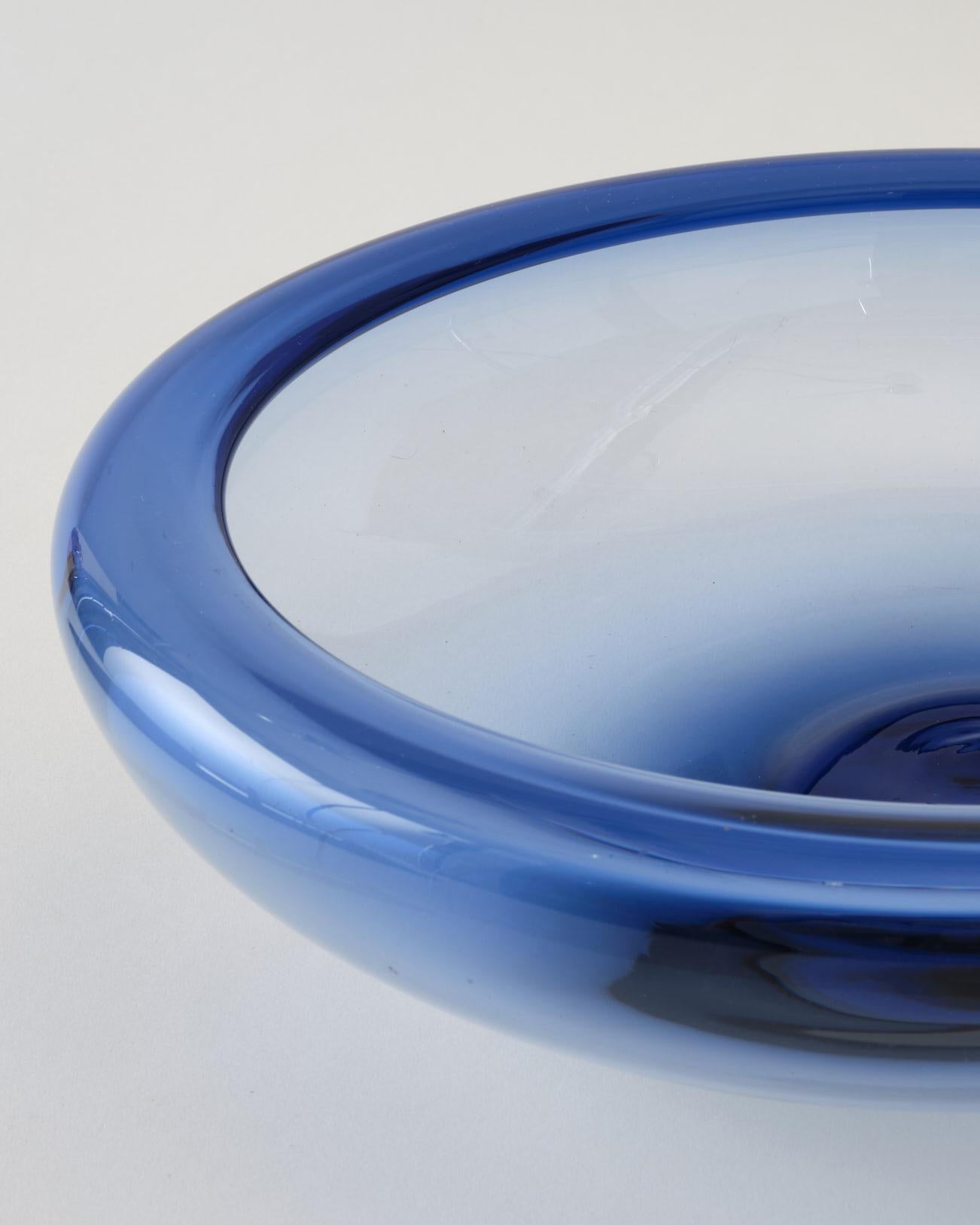 Blown Glass Glass Bowl by Holmegaard, Denmark, Light Blue Color, Large Round Bowl, C 1960 For Sale