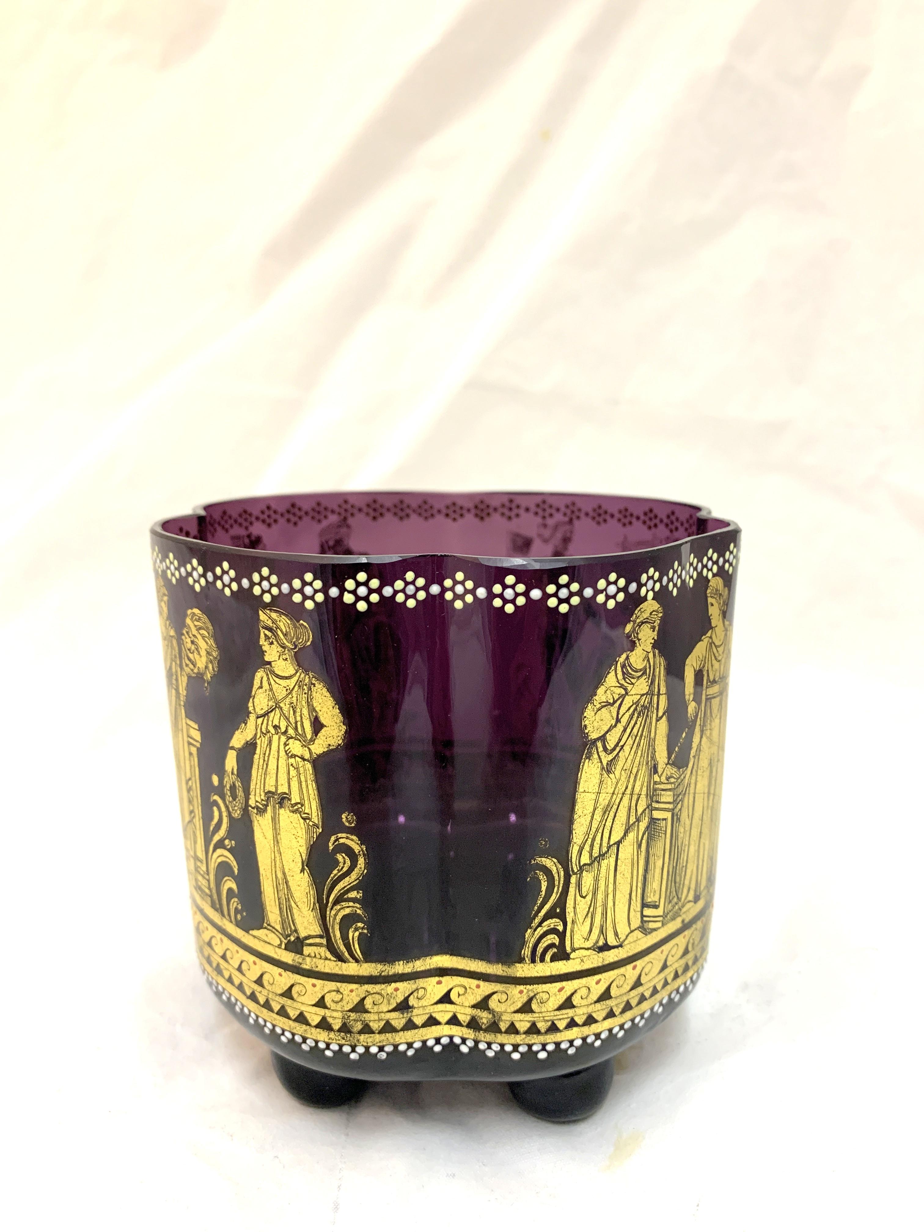 Venetian style glass bowl by Johann Oertel & Co Haida in purple with hand painted and gold plated details.