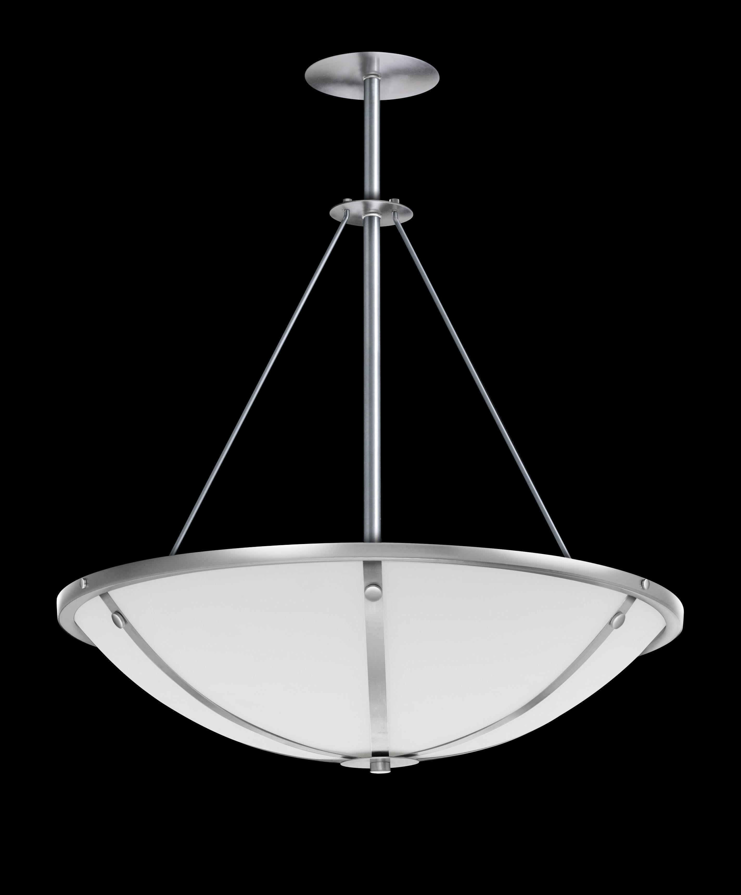 Large white glass bowl chandelier. Decorative bands wrap the bowl. Brushed aluminium trim ring. In the manner of Arts & Crafts style. LED lamping 3000k standard color temperature. 0-10 volt dimming.

Architect, Sandy Littman of Duesenberg LTD. and