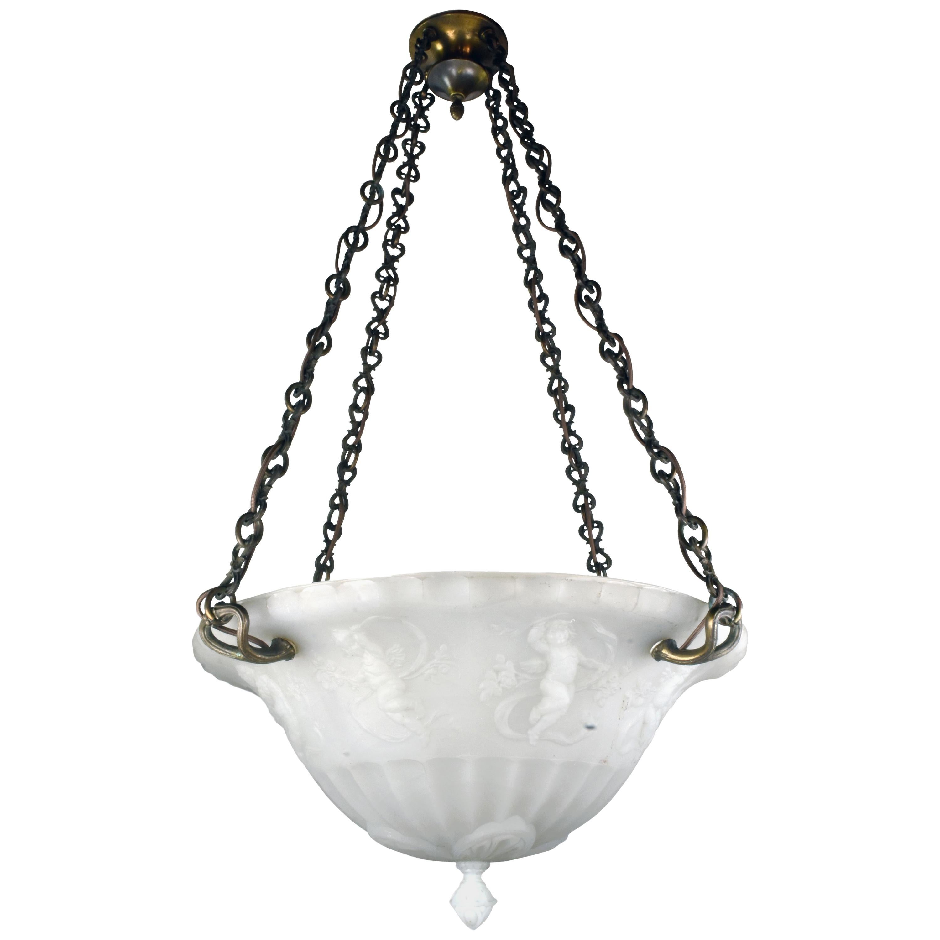 Glass Bowl Chandelier with Dancing Putti For Sale