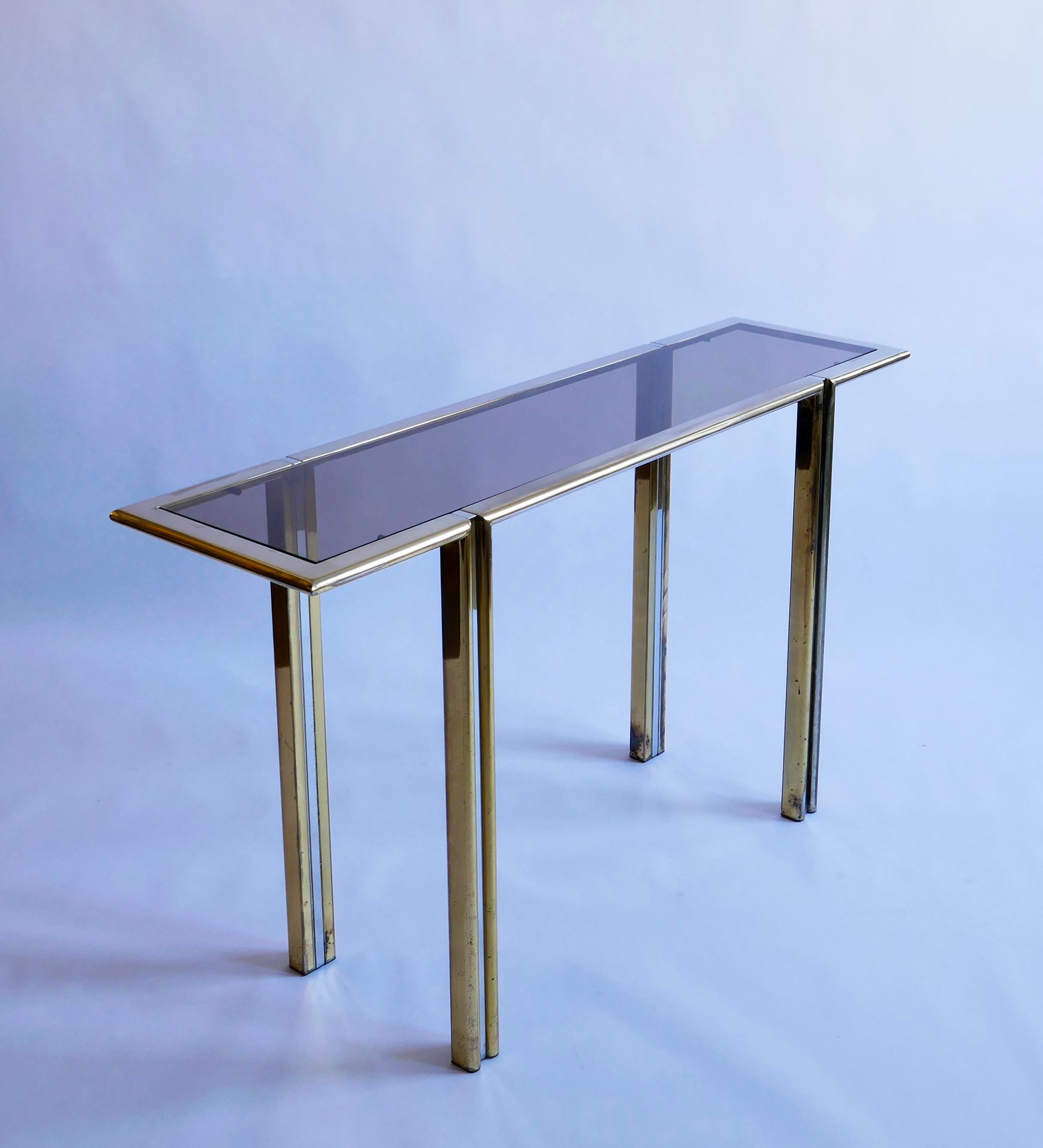 Glass, Brass and Chrome Console Table and Mirror, Italy, 1970s For Sale 4