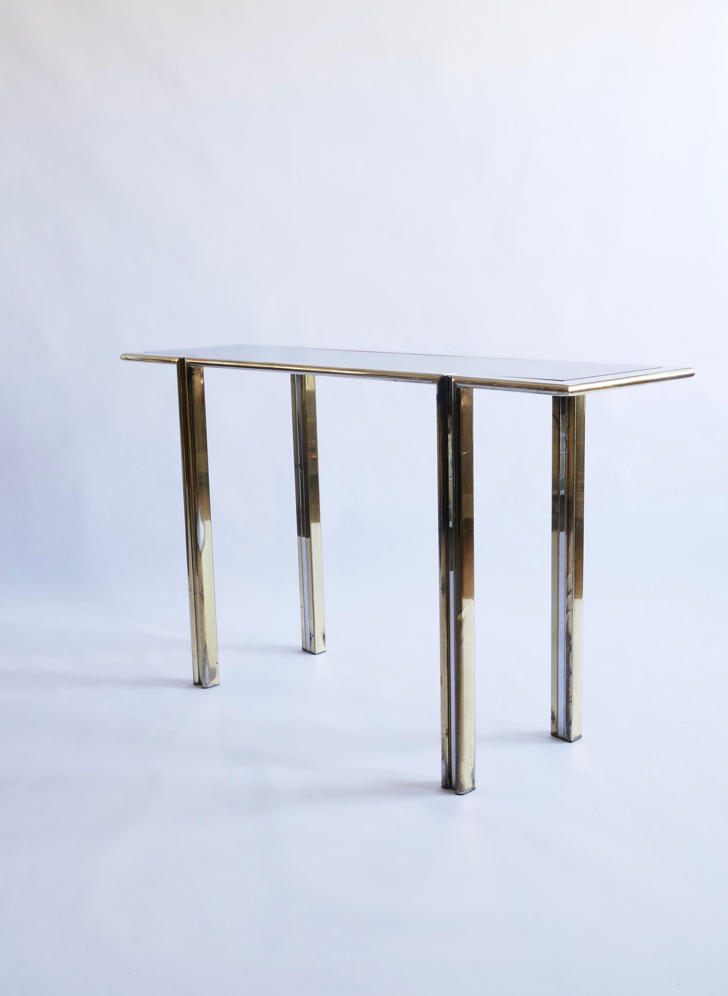Glass, Brass and Chrome Console Table and Mirror, Italy, 1970s For Sale 1