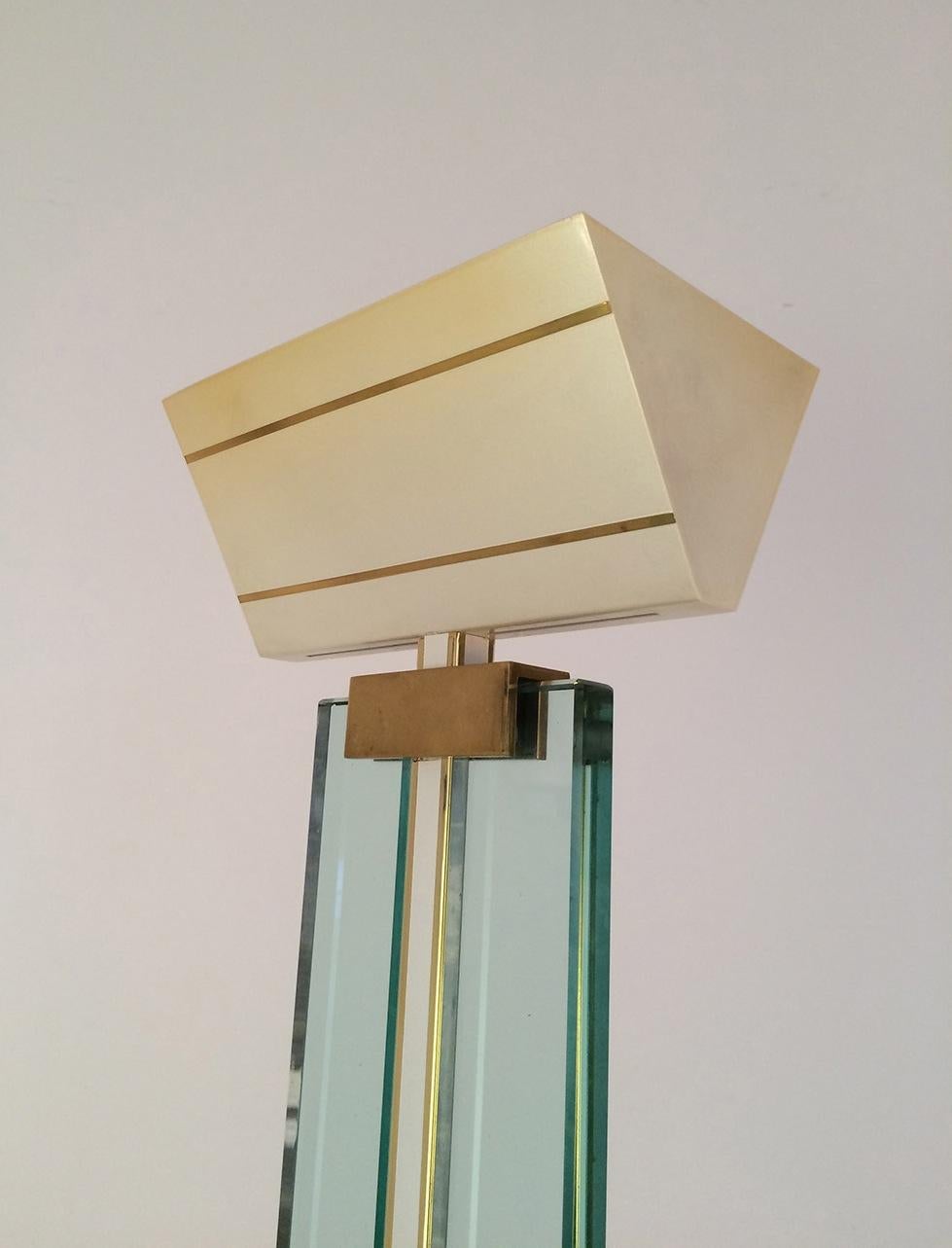 Mid-Century Modern Glass, Brass and Lacquered Metal Floor Lamp, Circa 1970 For Sale