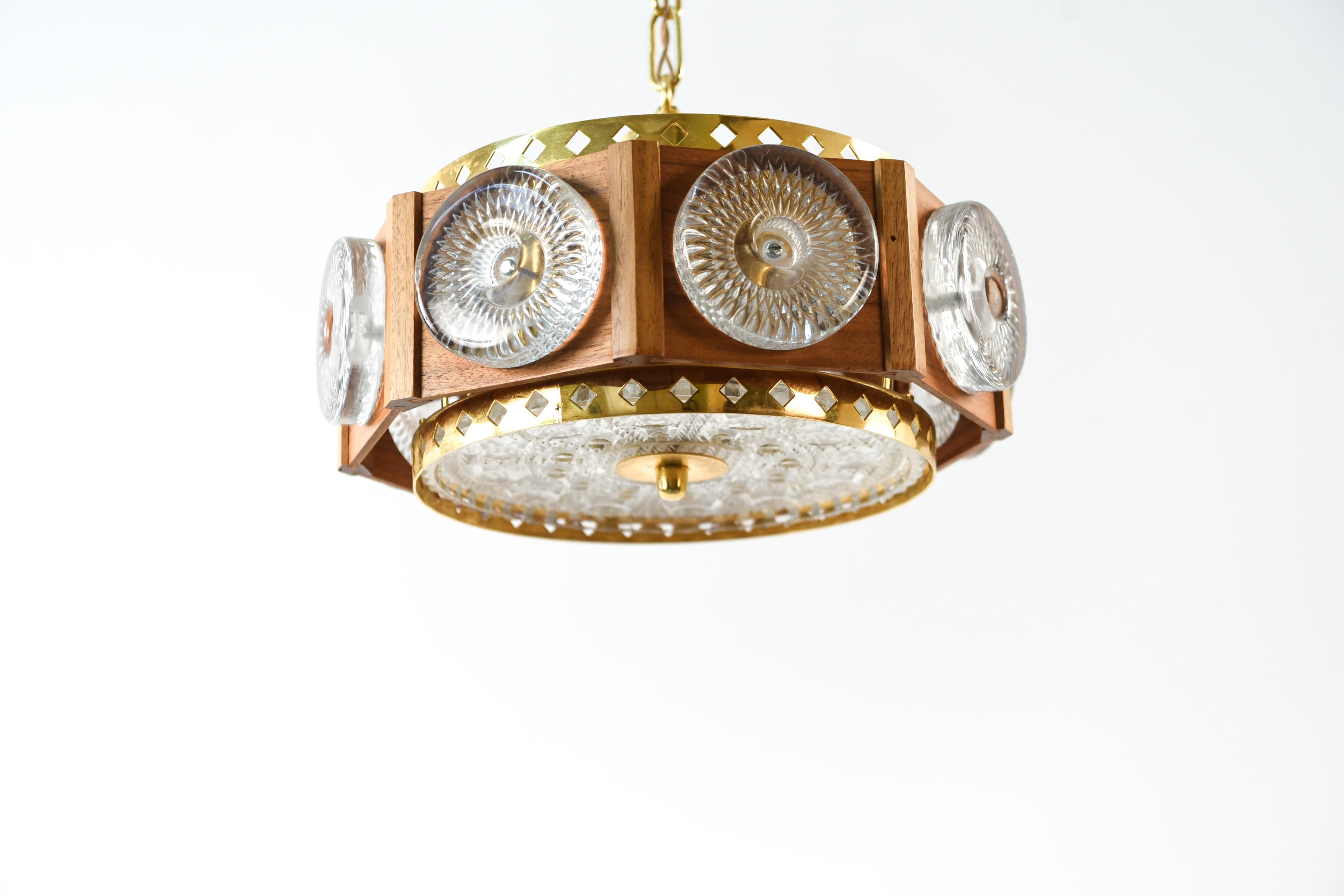 Mid-Century Modern Glass, Brass, and Teak Pendant Chandelier by Carl Fagerlund for Orrefors