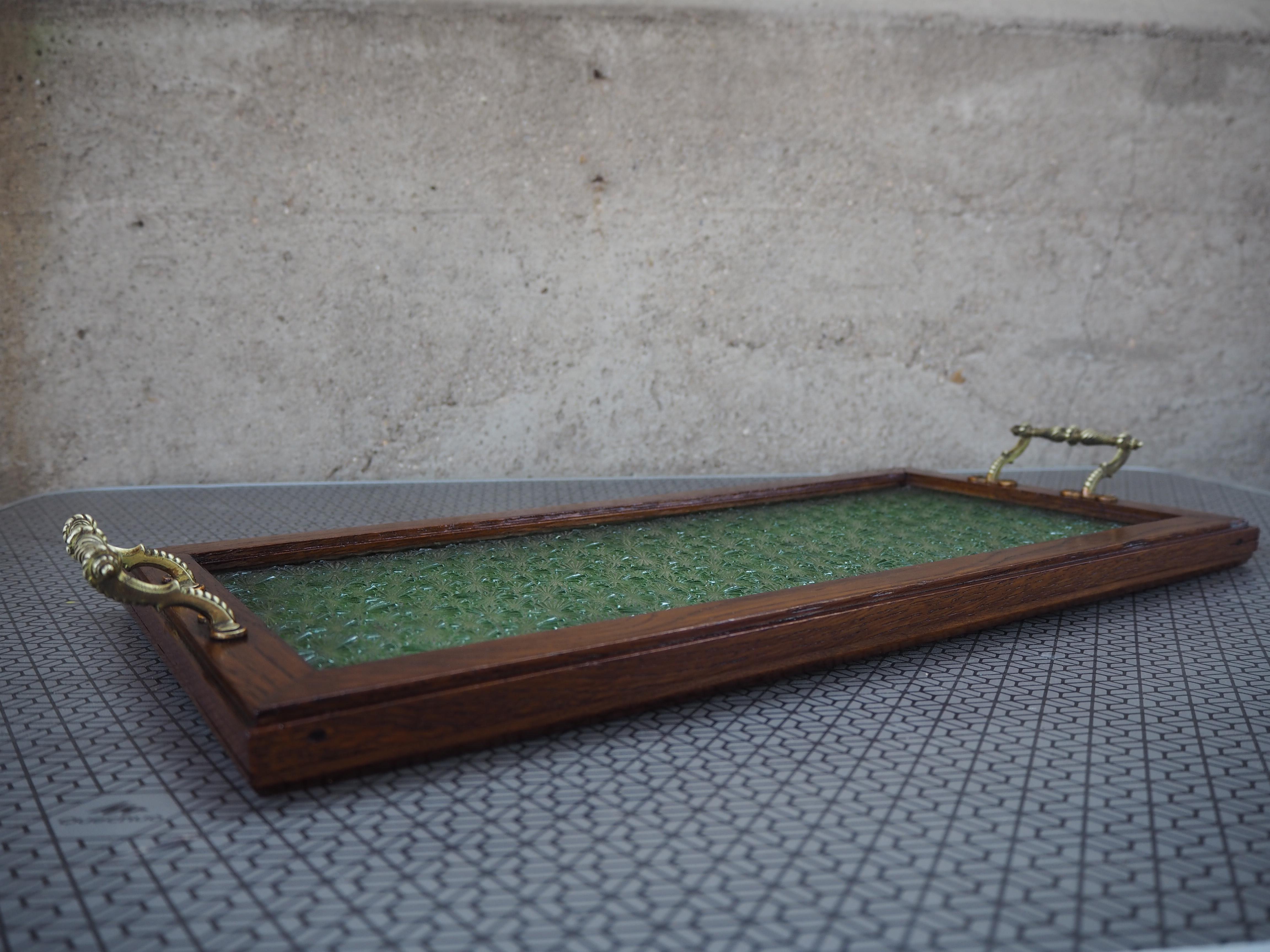 Mid-Century Modern Plateau en verre, laiton et Wood, Tchécoslovaquie, années 1970 en vente
