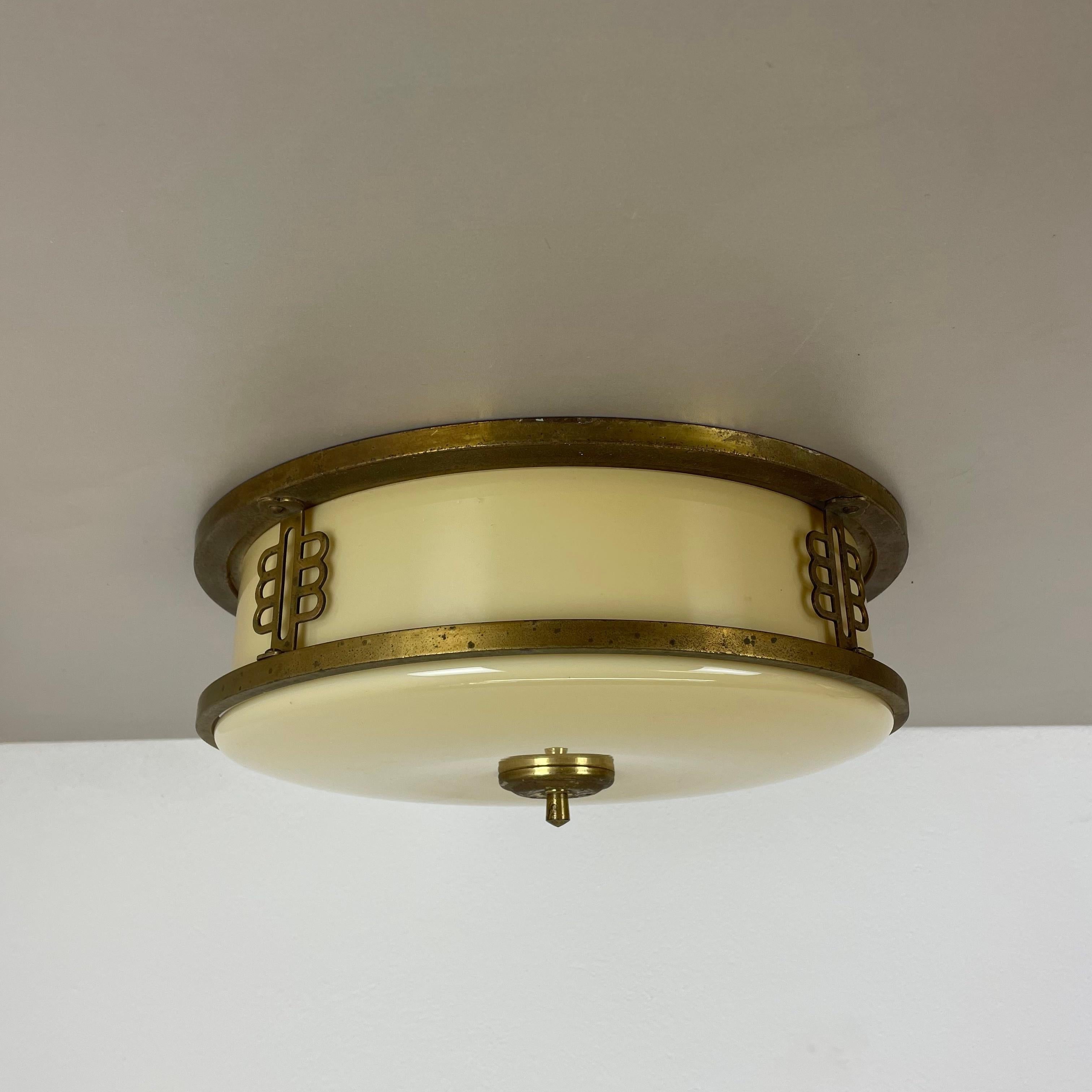 Mid-Century Modern Glass + Brass Italian Stilnovo Style Wall Ceiling Light Flushmount, Italy 1950s For Sale