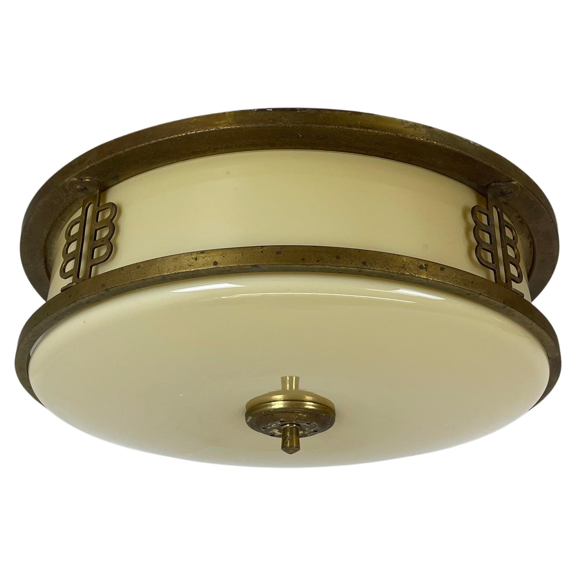 Glass + Brass Italian Stilnovo Style Wall Ceiling Light Flushmount, Italy 1950s For Sale