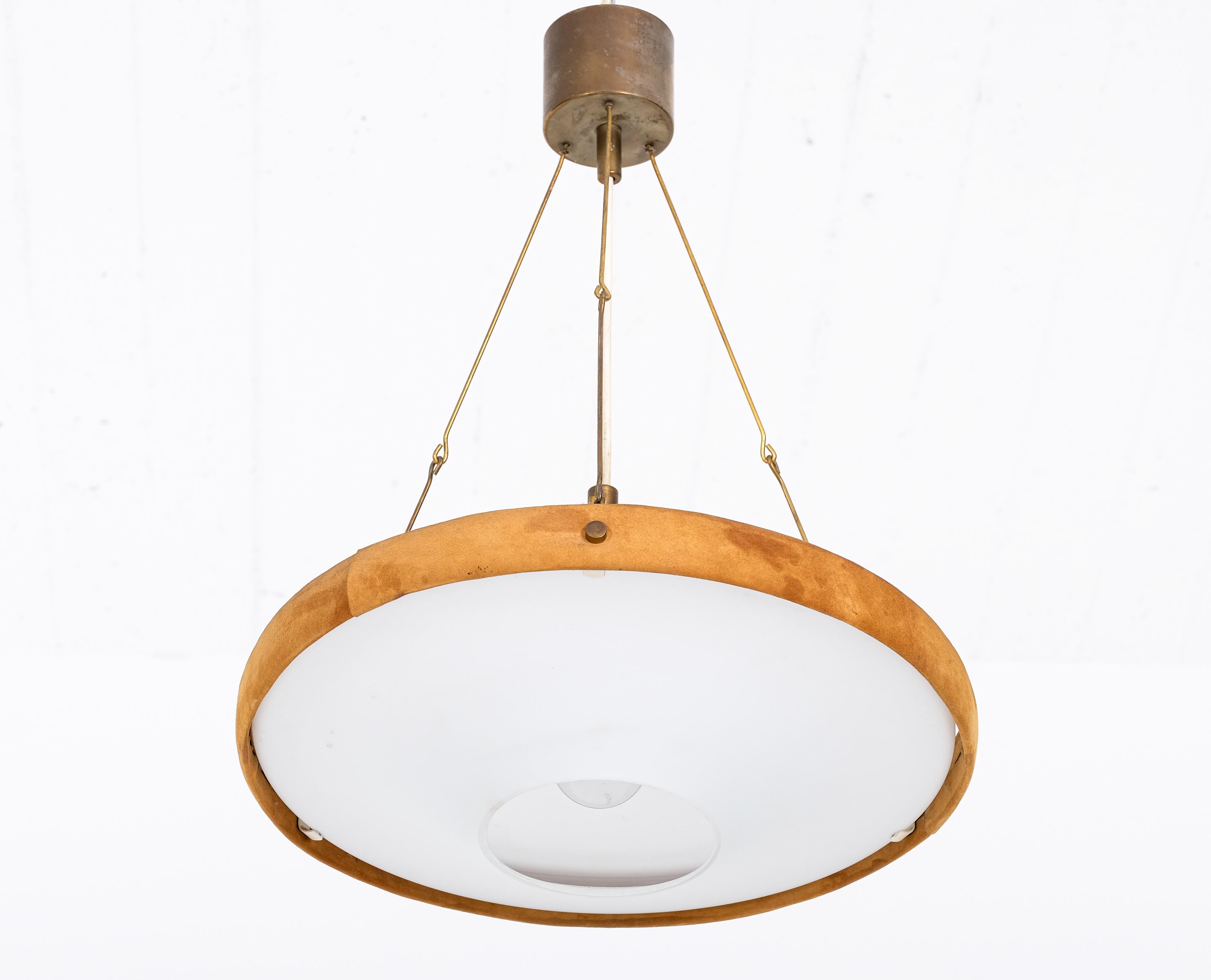 Glass, brass & suede pendant, Sweden, 1960s For Sale 4