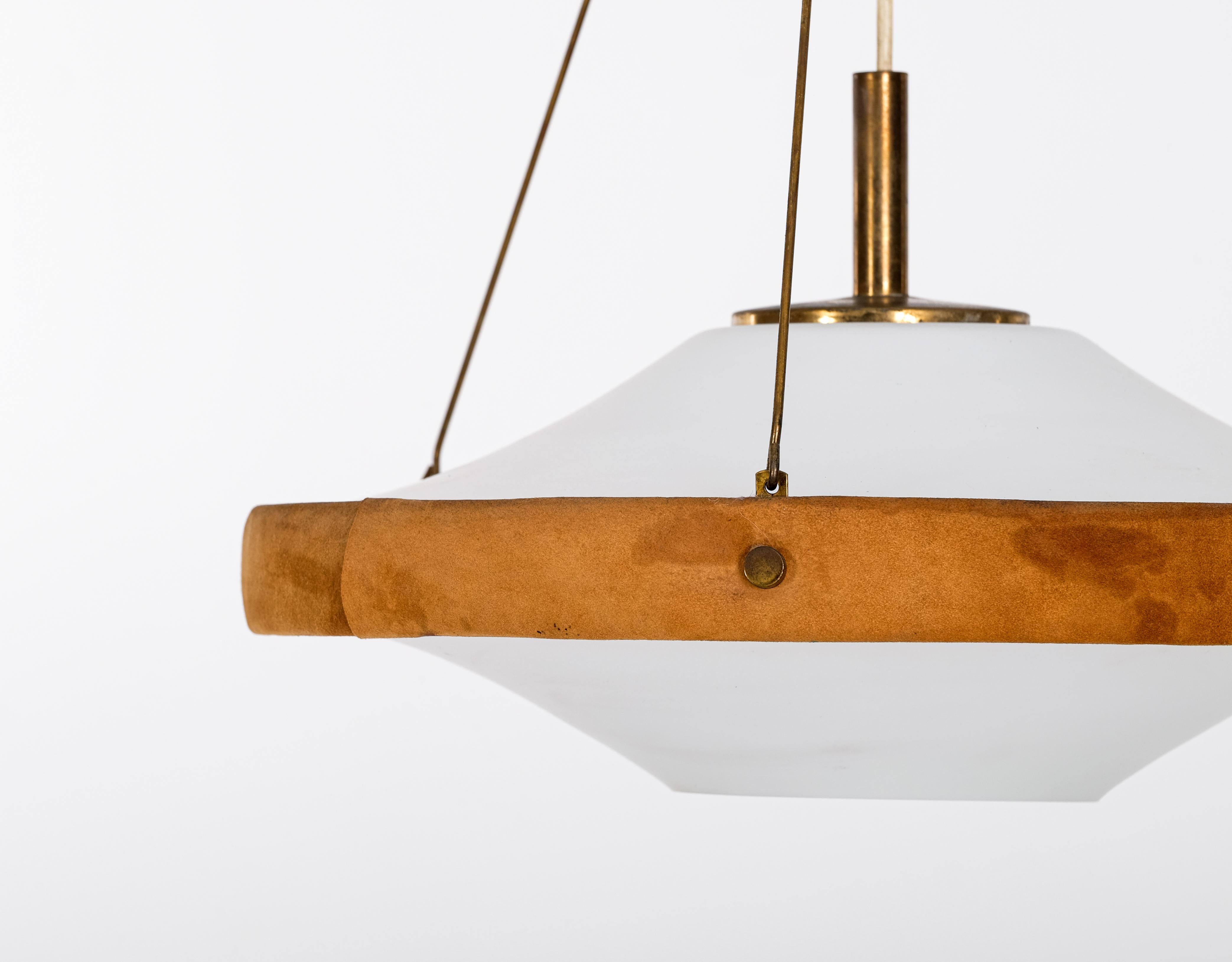 Swedish glass, brass & suede pendant, 1960s.
Very good condition.  