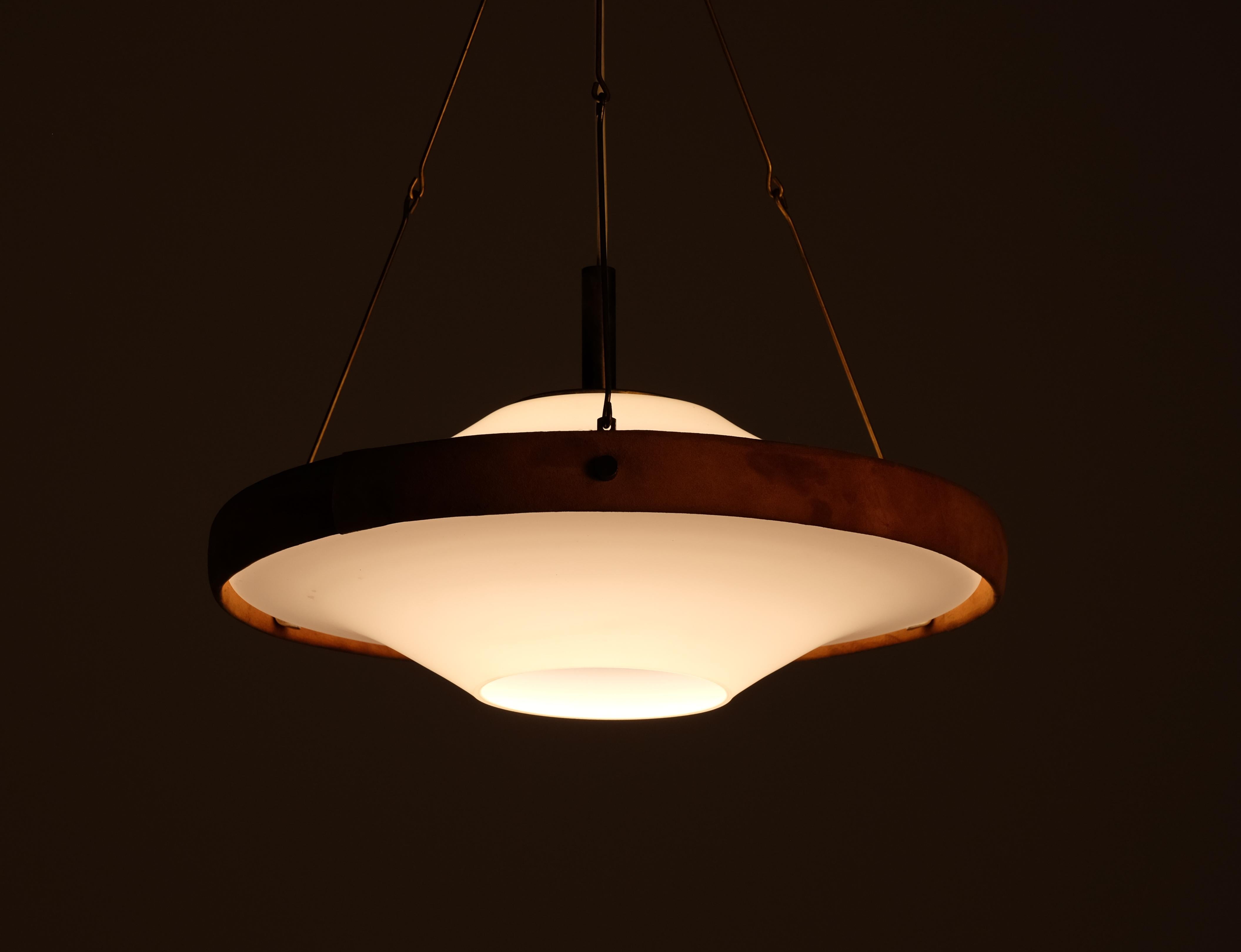 Scandinavian Modern Glass, brass & suede pendant, Sweden, 1960s For Sale