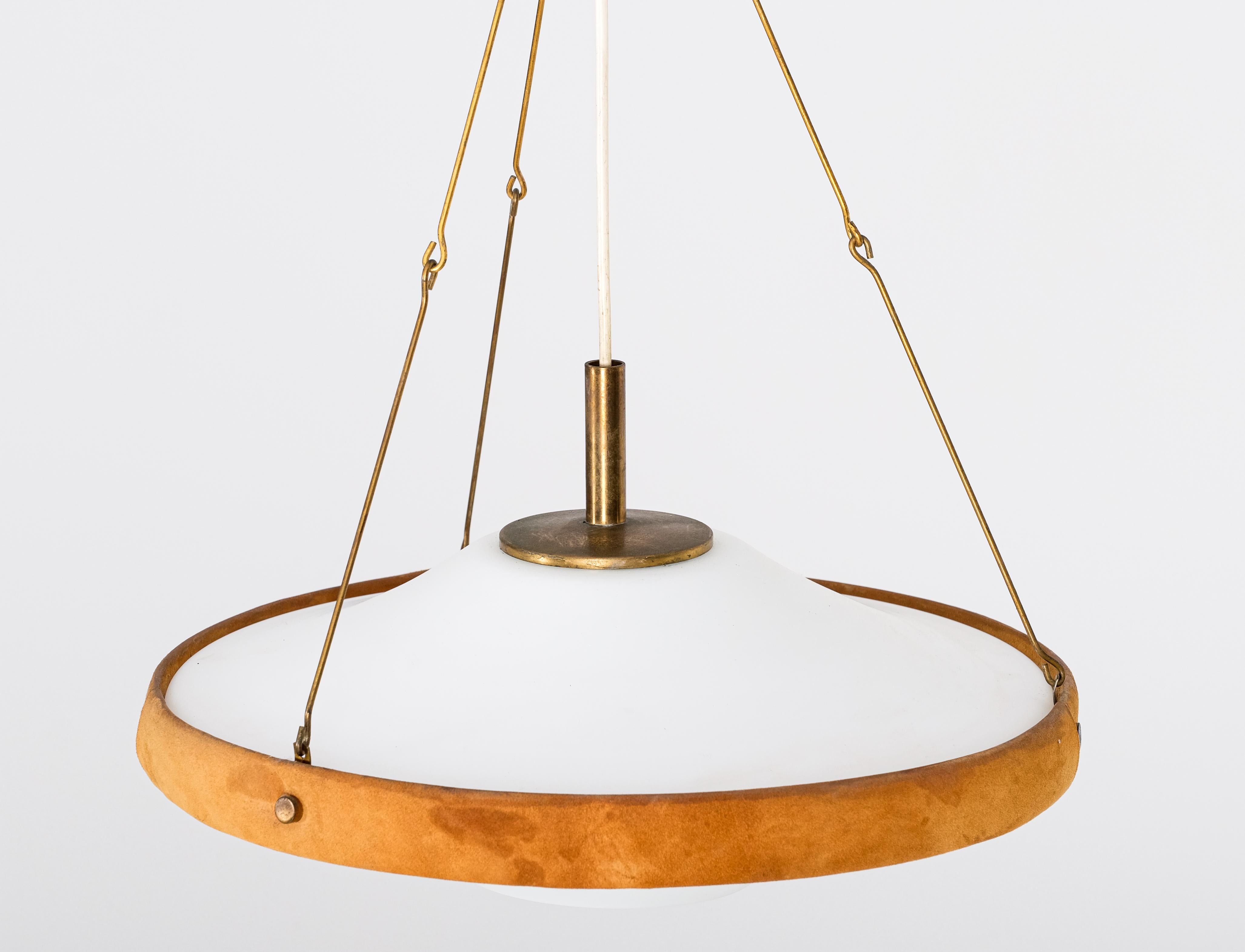 Swedish Glass, brass & suede pendant, Sweden, 1960s For Sale
