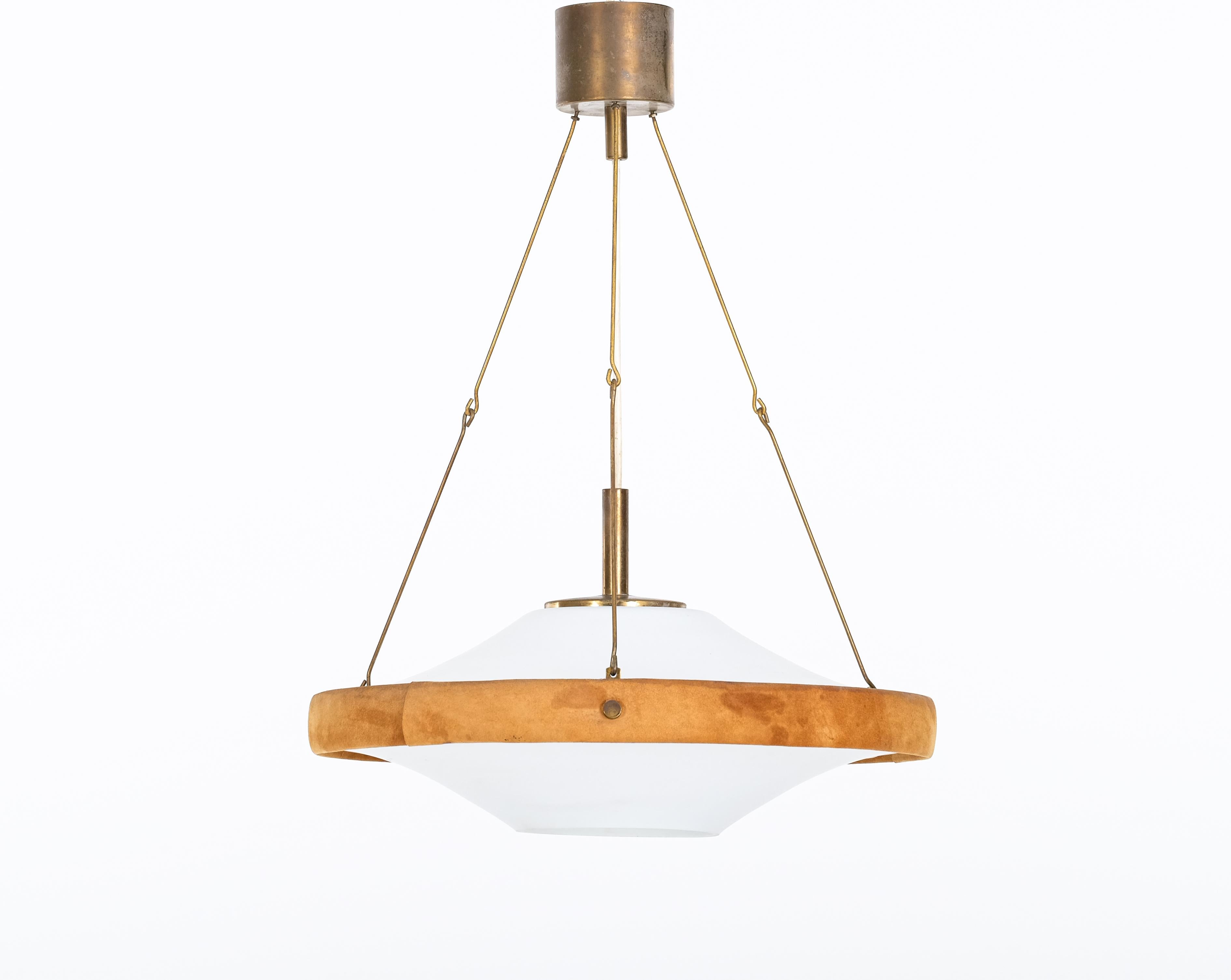 Glass, brass & suede pendant, Sweden, 1960s In Good Condition For Sale In Stockholm, SE