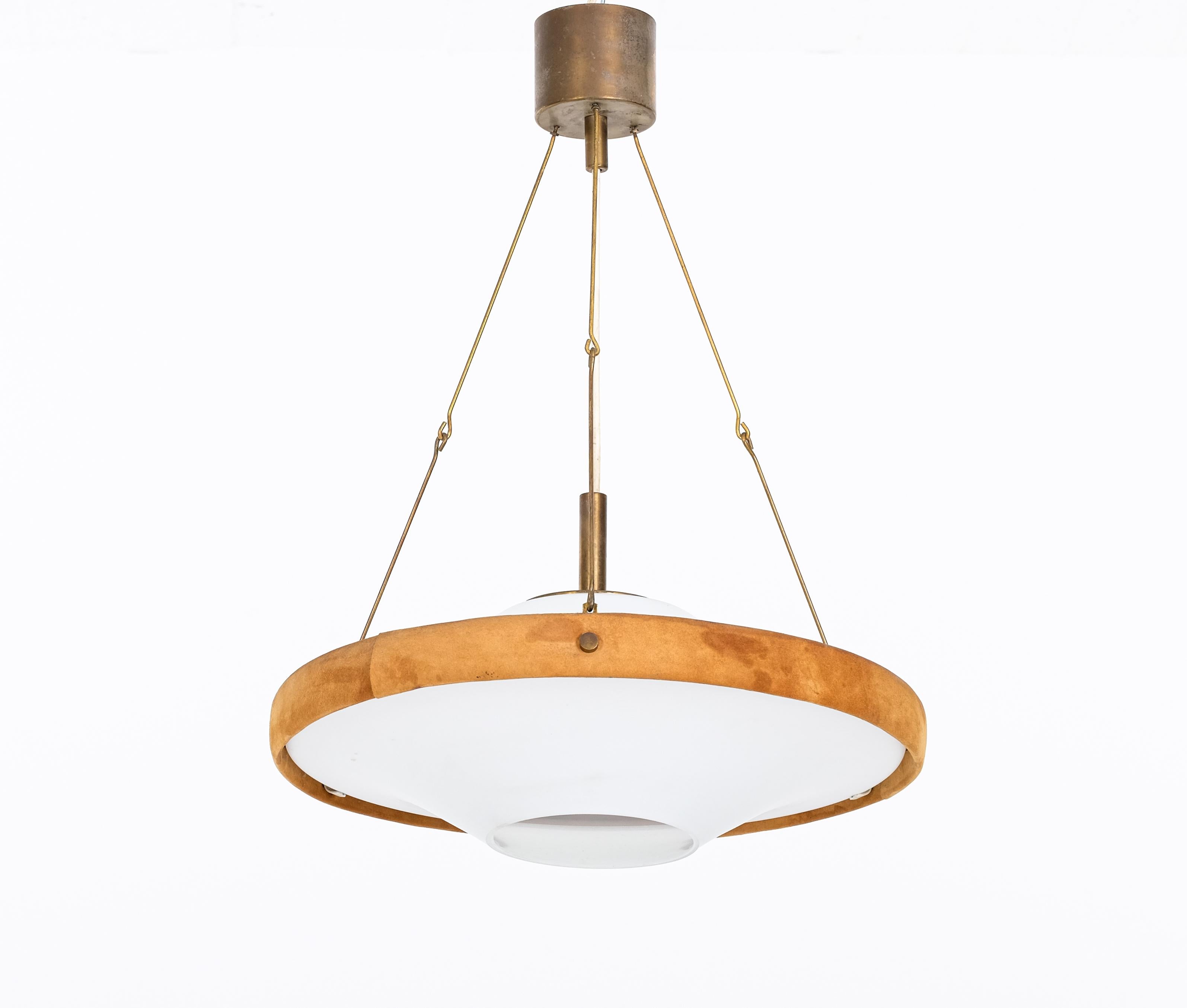 Brass Glass, brass & suede pendant, Sweden, 1960s For Sale