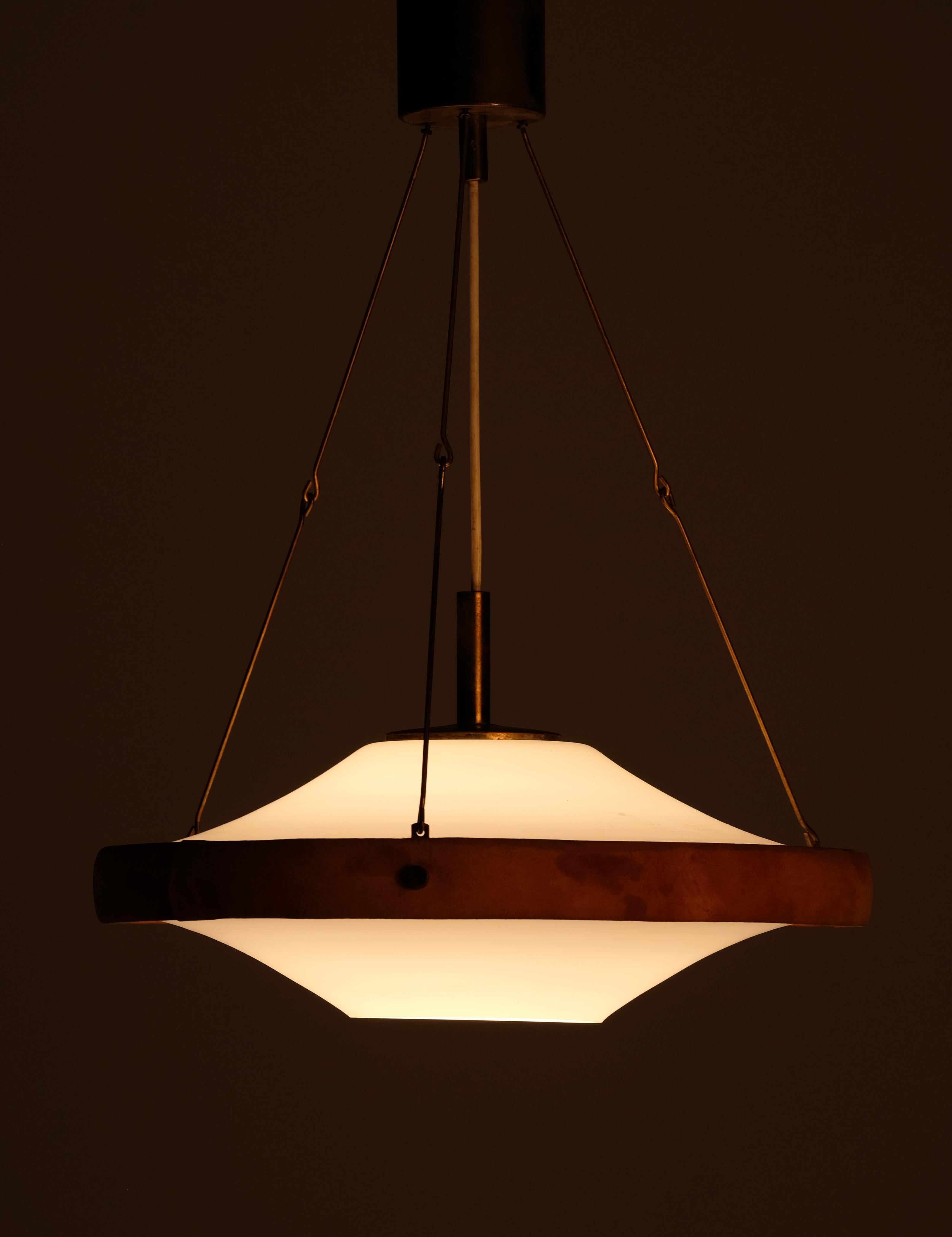 Glass, brass & suede pendant, Sweden, 1960s For Sale 1