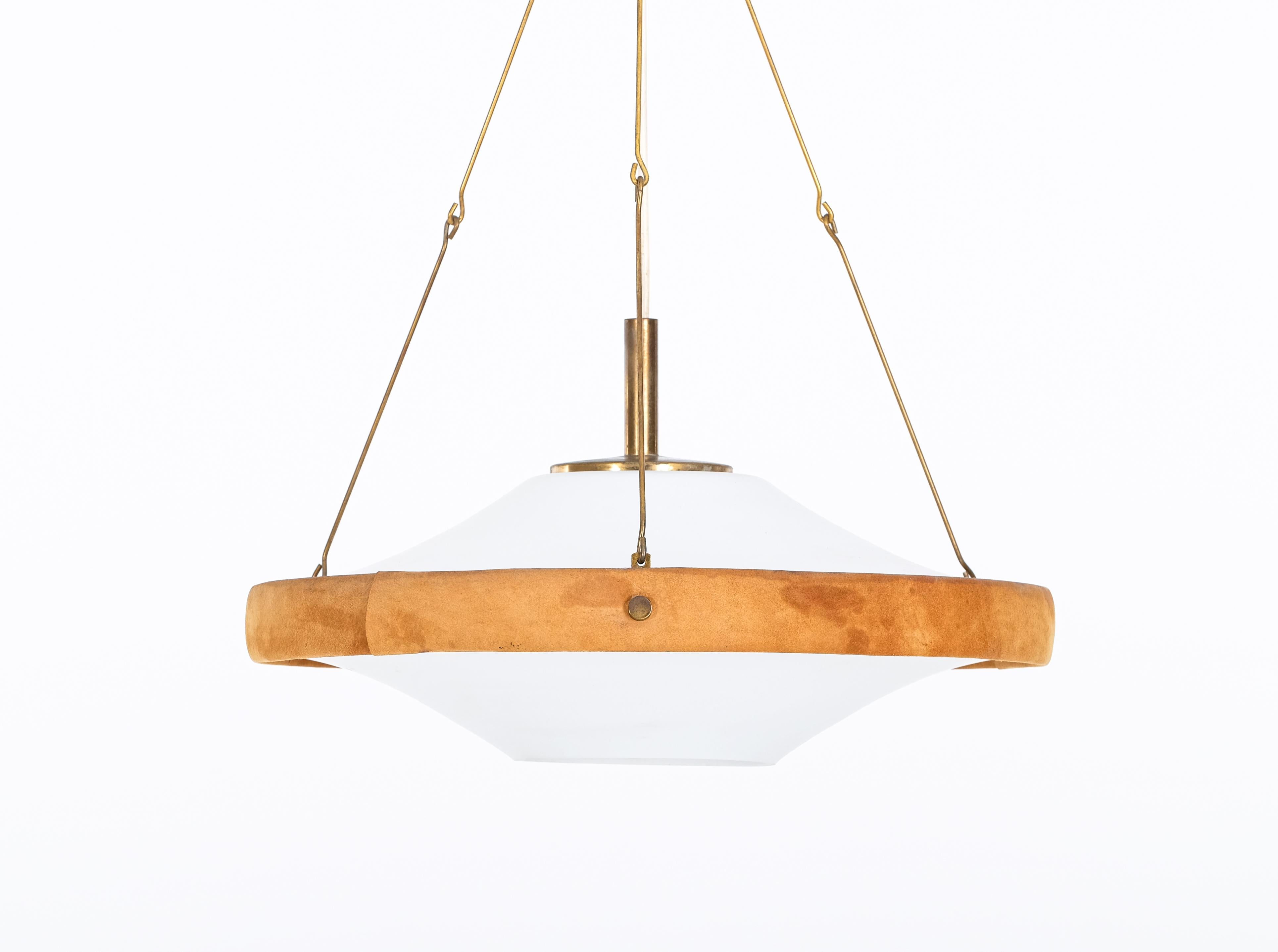 Glass, brass & suede pendant, Sweden, 1960s For Sale 2