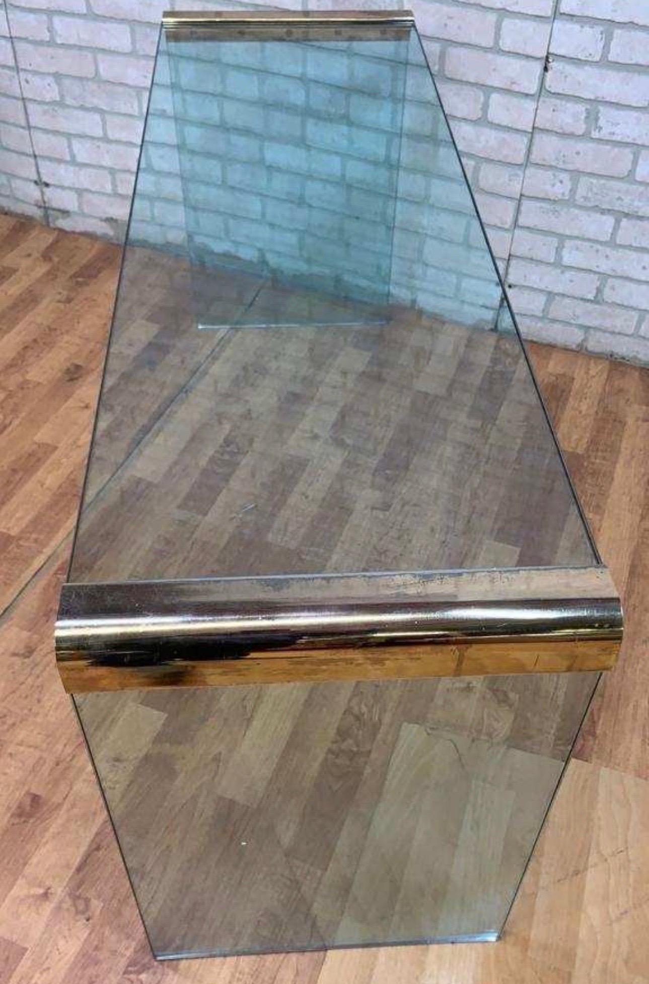 Glass & Brass Waterfall Coffee & Console Table by Leon Rosen for Pace, Set of 2 For Sale 1