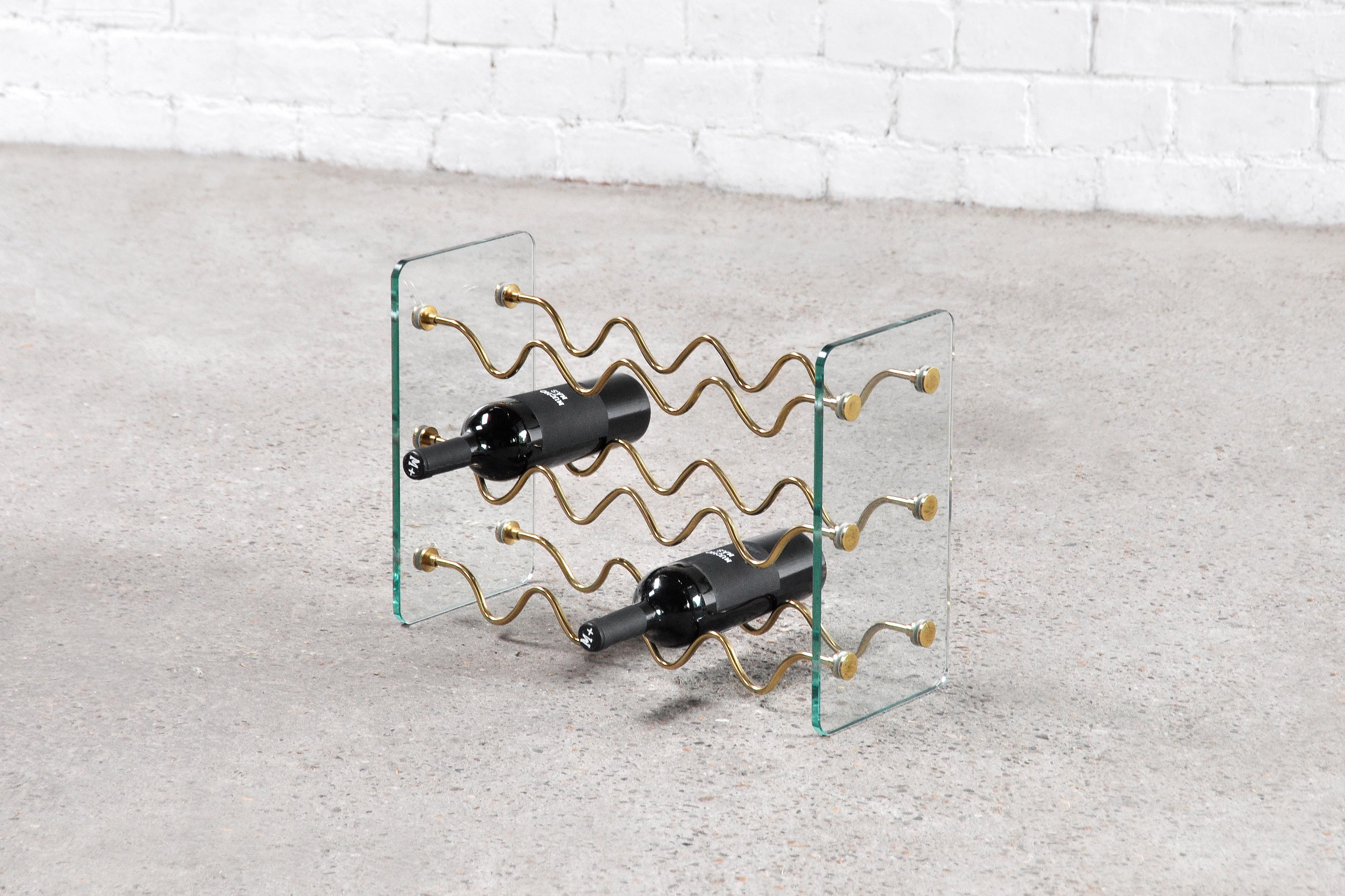 Glass & Brass Wine Rack by David Lange, France 1970's In Good Condition In Zwijndrecht, Antwerp