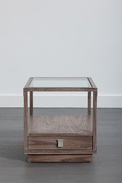 Glass & Brazilian Rosewood Nightstand with Leather Drawer Pulls