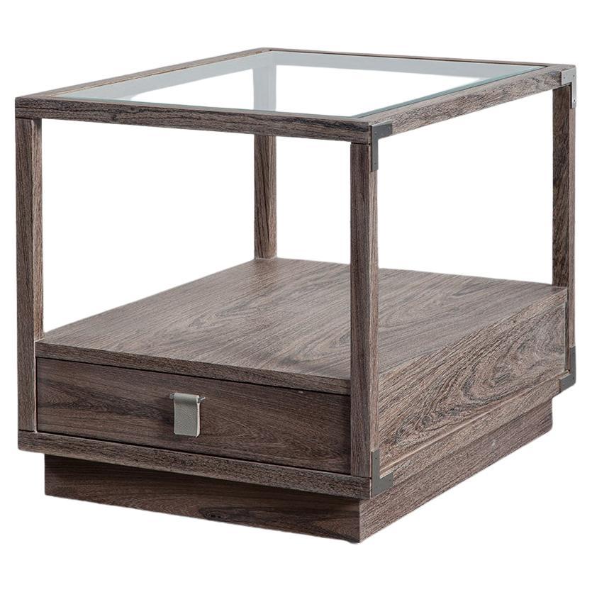Glass & Brazilian Rosewood Nightstand with Leather Drawer Pulls