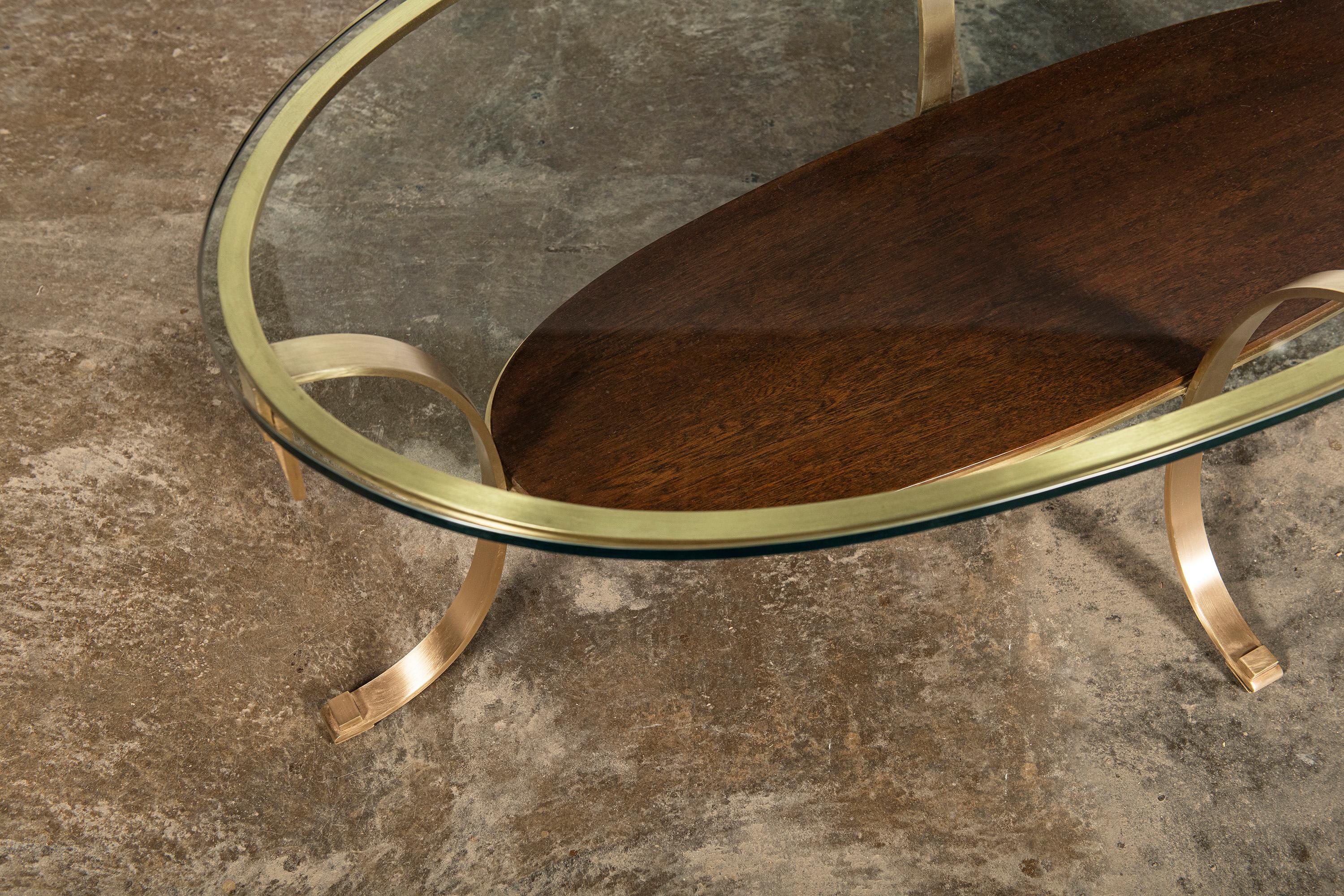 Mid-Century Modern Glass, Bronze and Wood Low Table by Comte, Argentina, Buenos Aires, circa 1950 For Sale