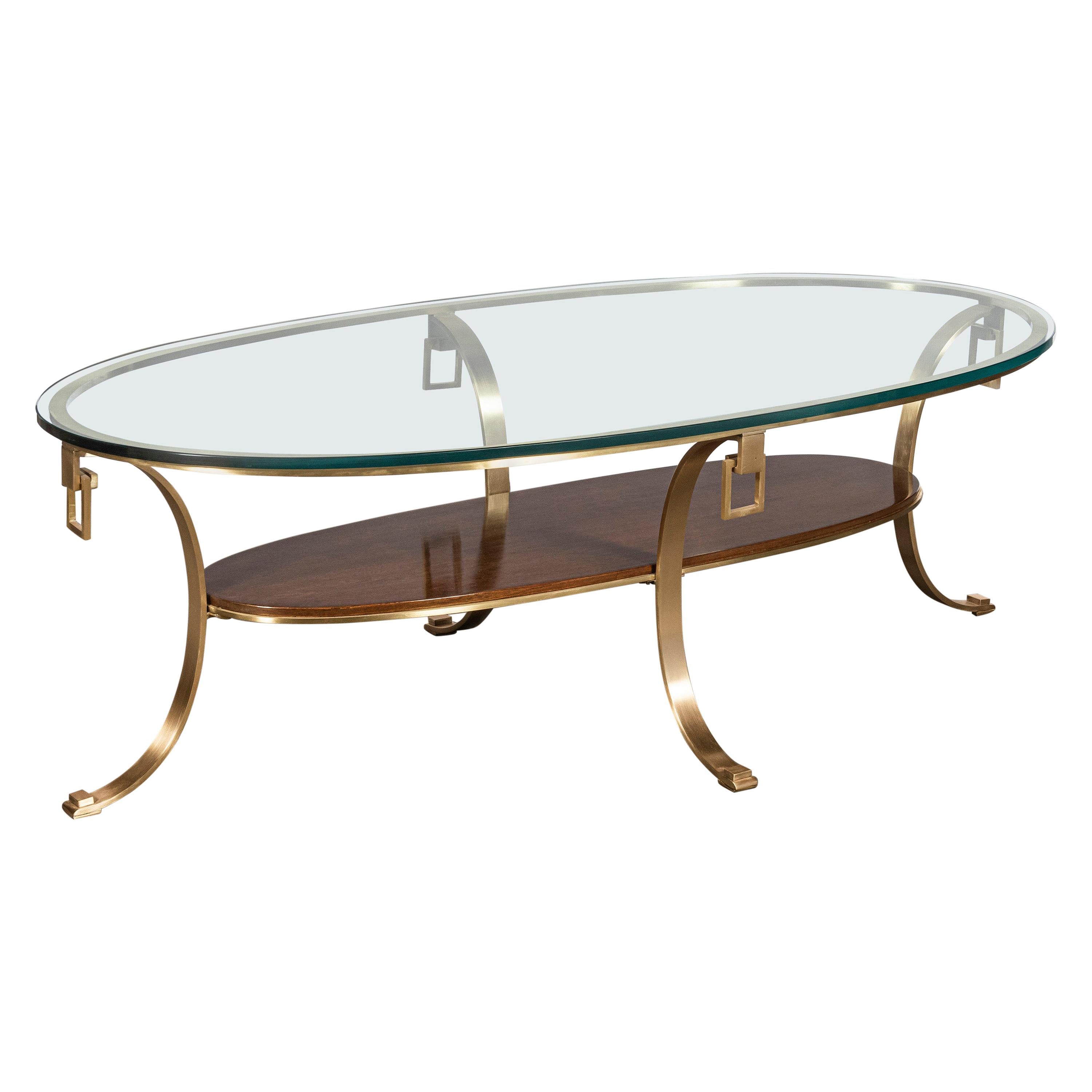 Mesa baja de cristal, bronce y madera de Comte, Argentina, Buenos Aires, circa 1950