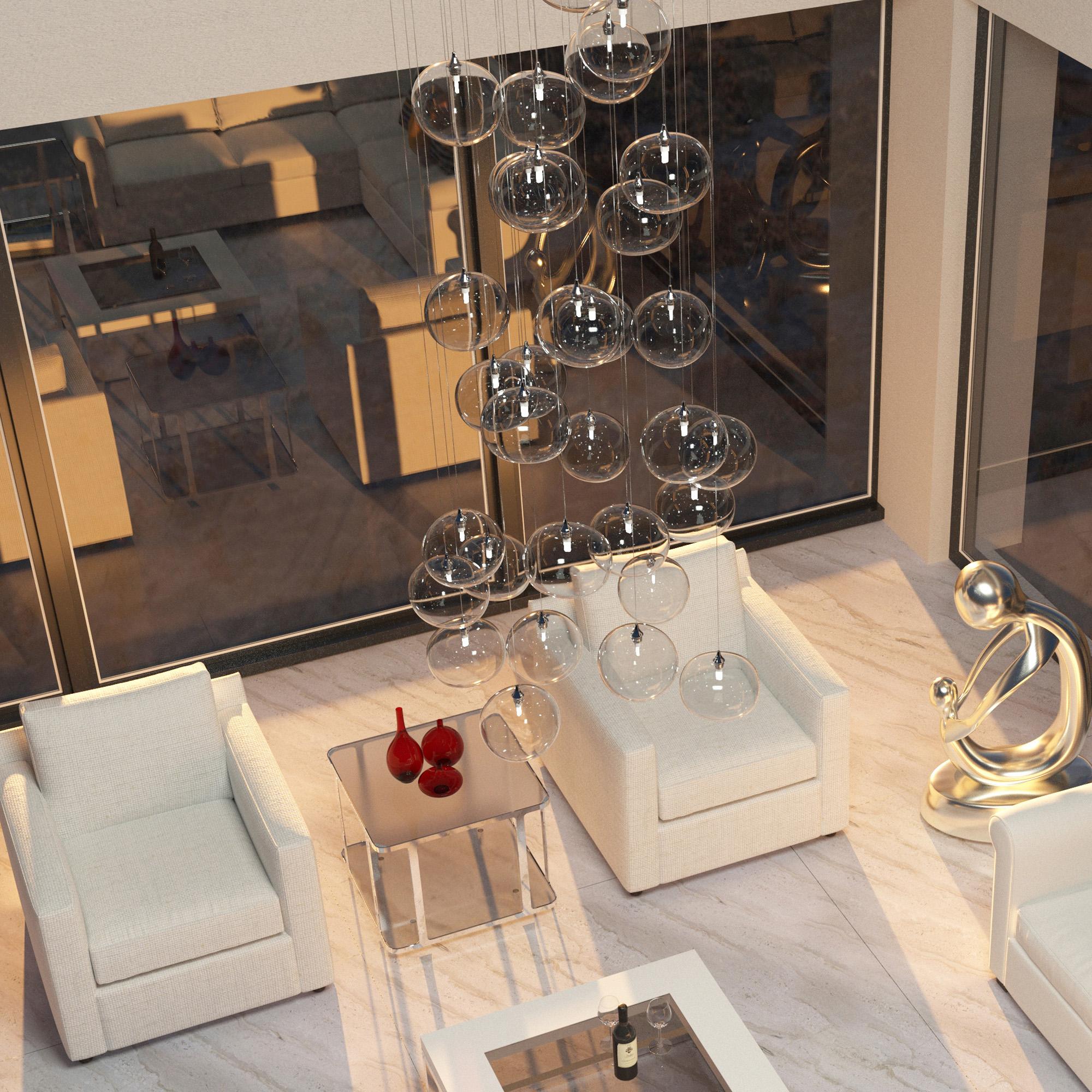 Moderne Lustre à bulles de verre avec 34 pendentifs transparents en forme de grappe et de cascade en vente