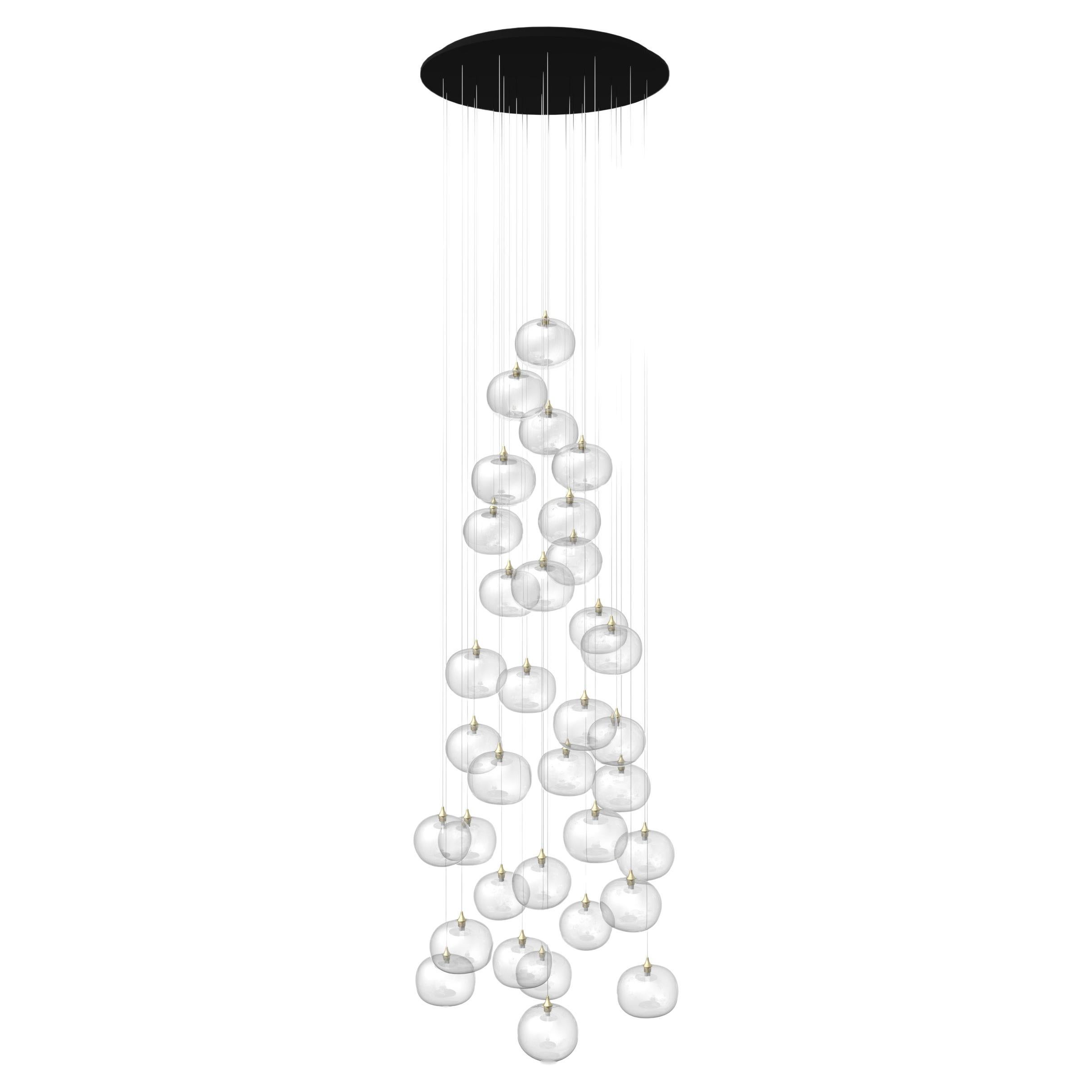 Lustre à bulles de verre avec 34 pendentifs transparents en forme de grappe et de cascade