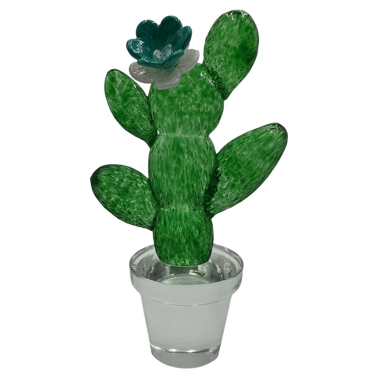 Glass Cactus with Blue Flower 