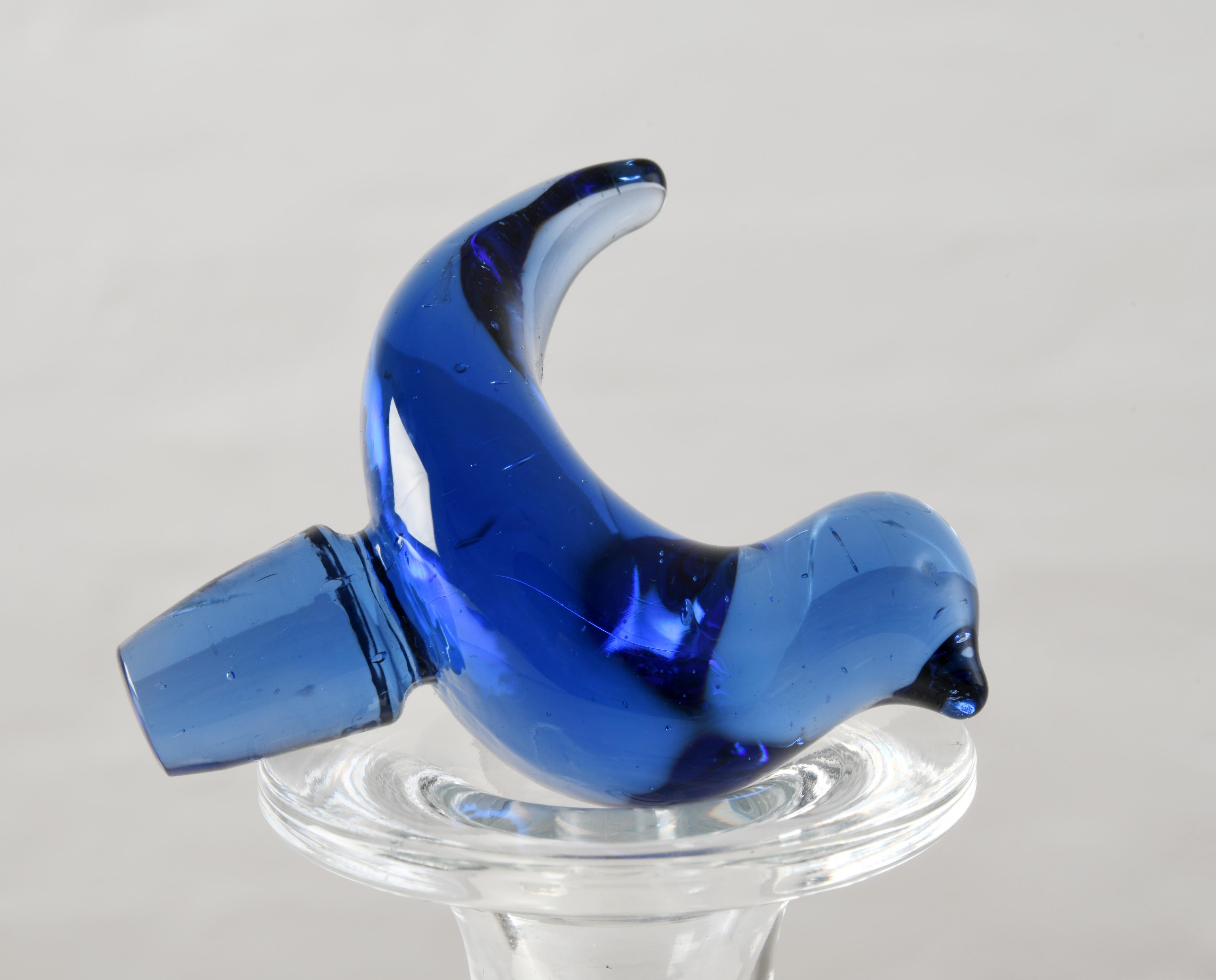 Glass carafe with a blue bird designed by Michael Bang for Holmegaard in Denmark For Sale 4