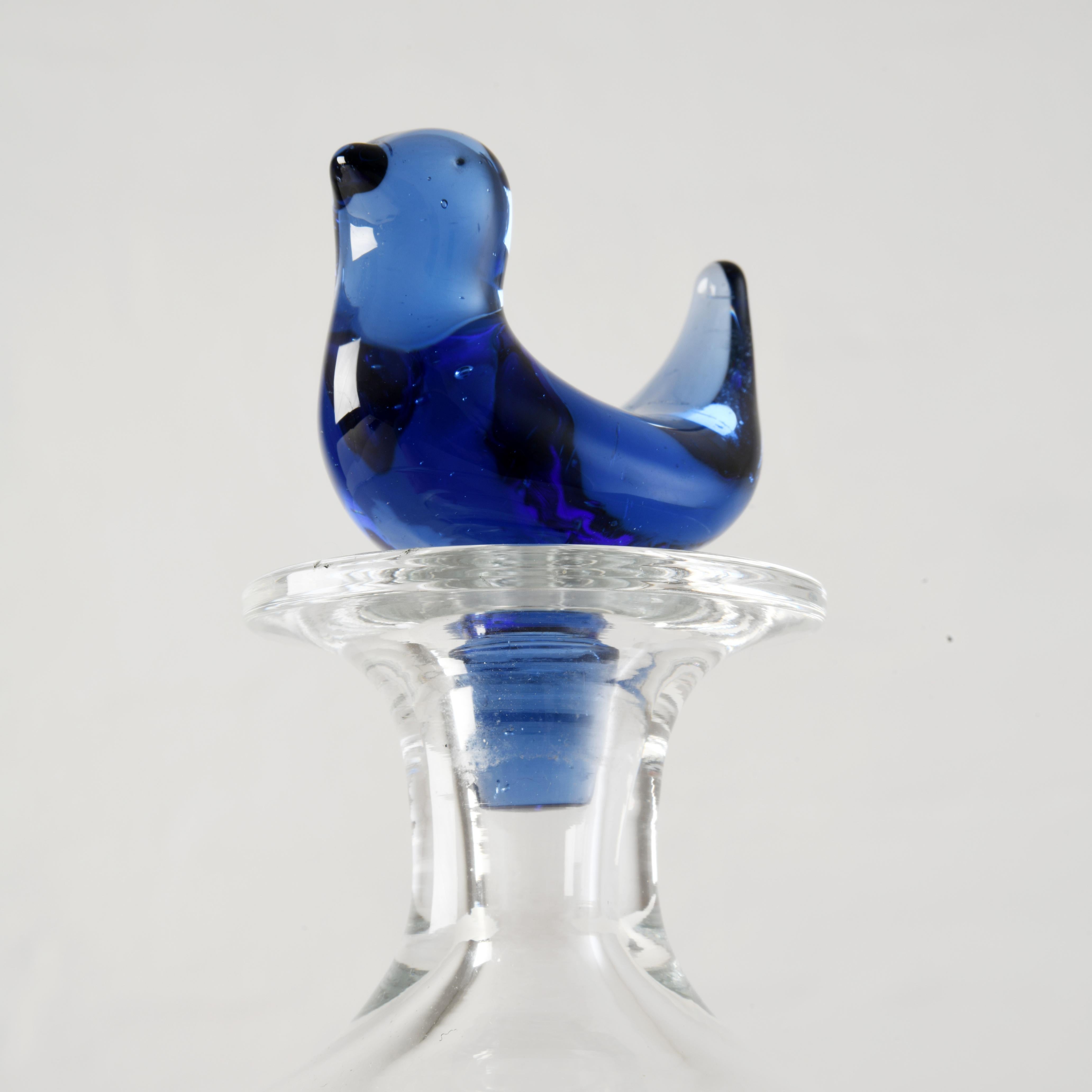 Glass carafe with a blue bird designed by Michael Bang for Holmegaard in Denmark For Sale 5