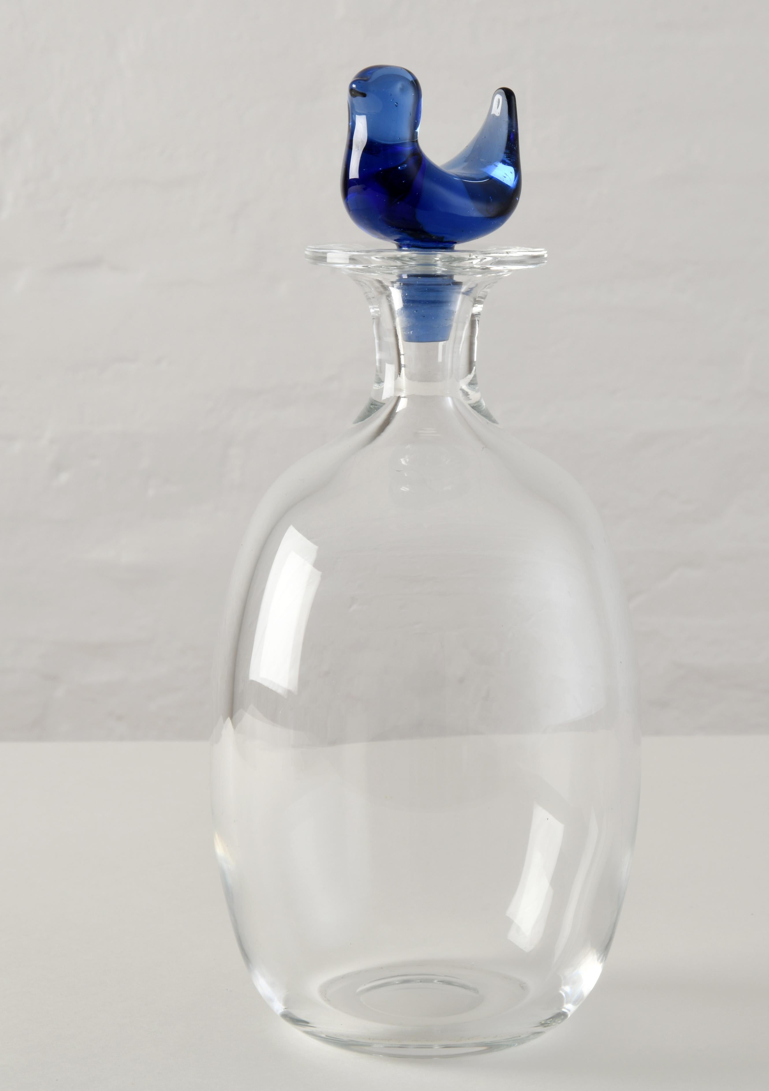 Scandinavian Modern Glass carafe with a blue bird designed by Michael Bang for Holmegaard in Denmark For Sale