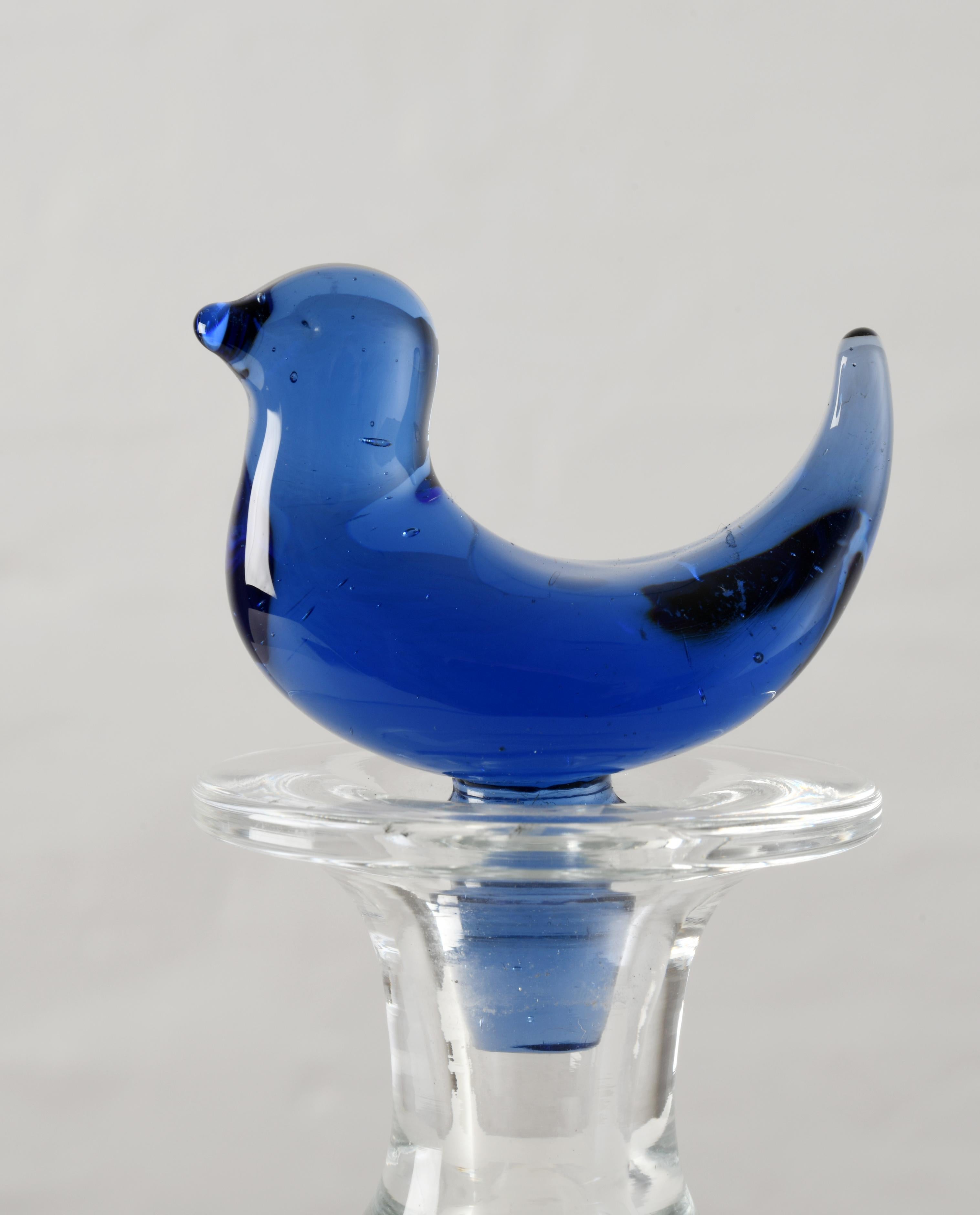 Glass carafe with a blue bird designed by Michael Bang for Holmegaard in Denmark For Sale 1