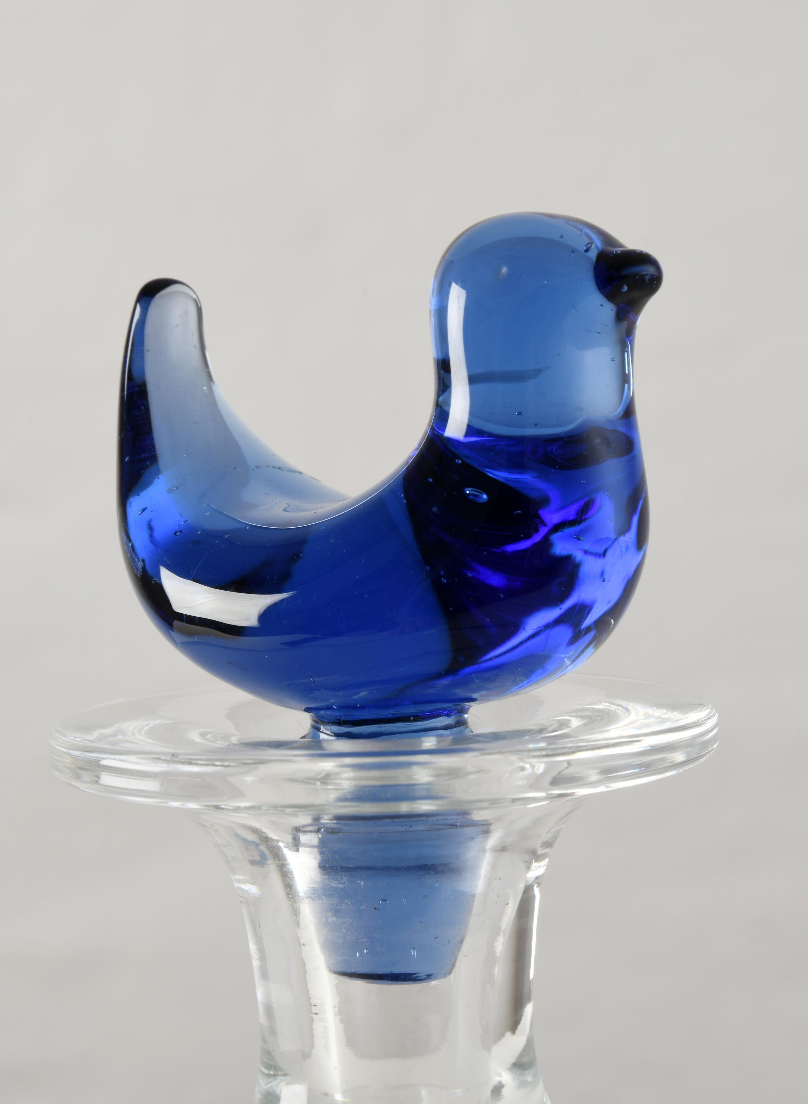 Glass carafe with a blue bird designed by Michael Bang for Holmegaard in Denmark For Sale 3