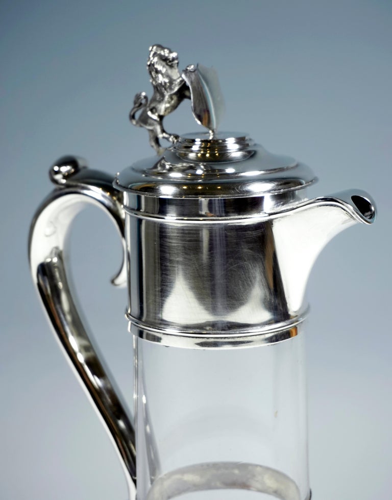 Victorian Glass Carafe With Lion & Coat Of Arms Silver Fitting, London, Early 20th Century For Sale