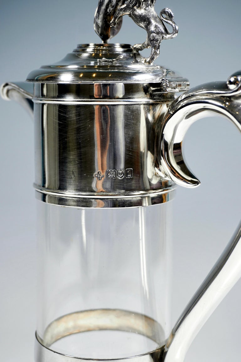 Faceted Glass Carafe With Lion & Coat Of Arms Silver Fitting, London, Early 20th Century For Sale