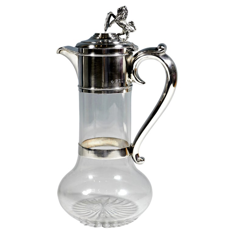 Glass Carafe With Lion & Coat Of Arms Silver Fitting, London, Early 20th Century For Sale