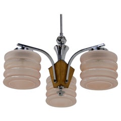 Glass, Chrome and Wood Art Deco Chandelier, 1930s