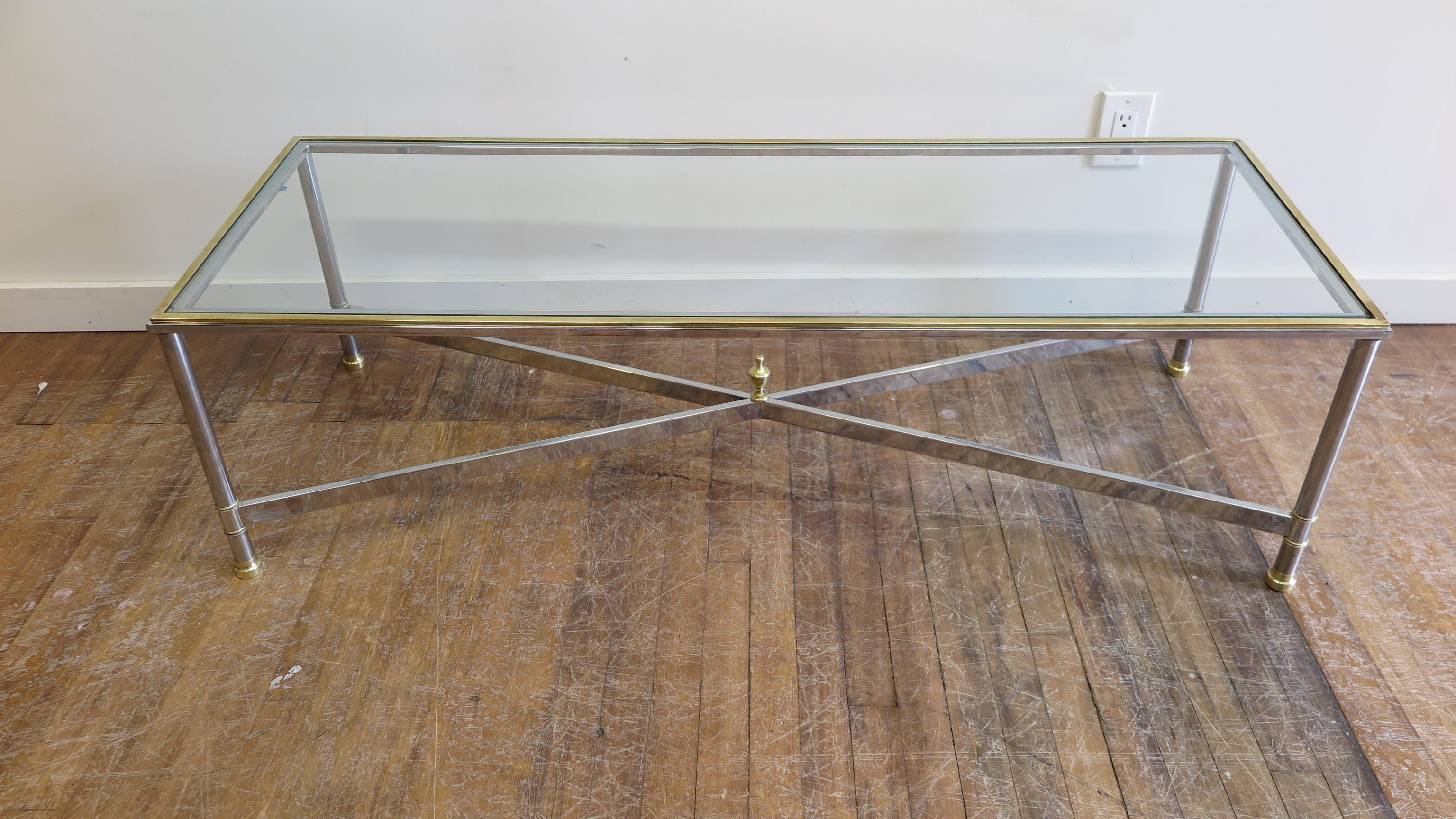 Mid-Century Modern Glass Chrome and Brass Rectangular Cocktail Table Maison Jansen 