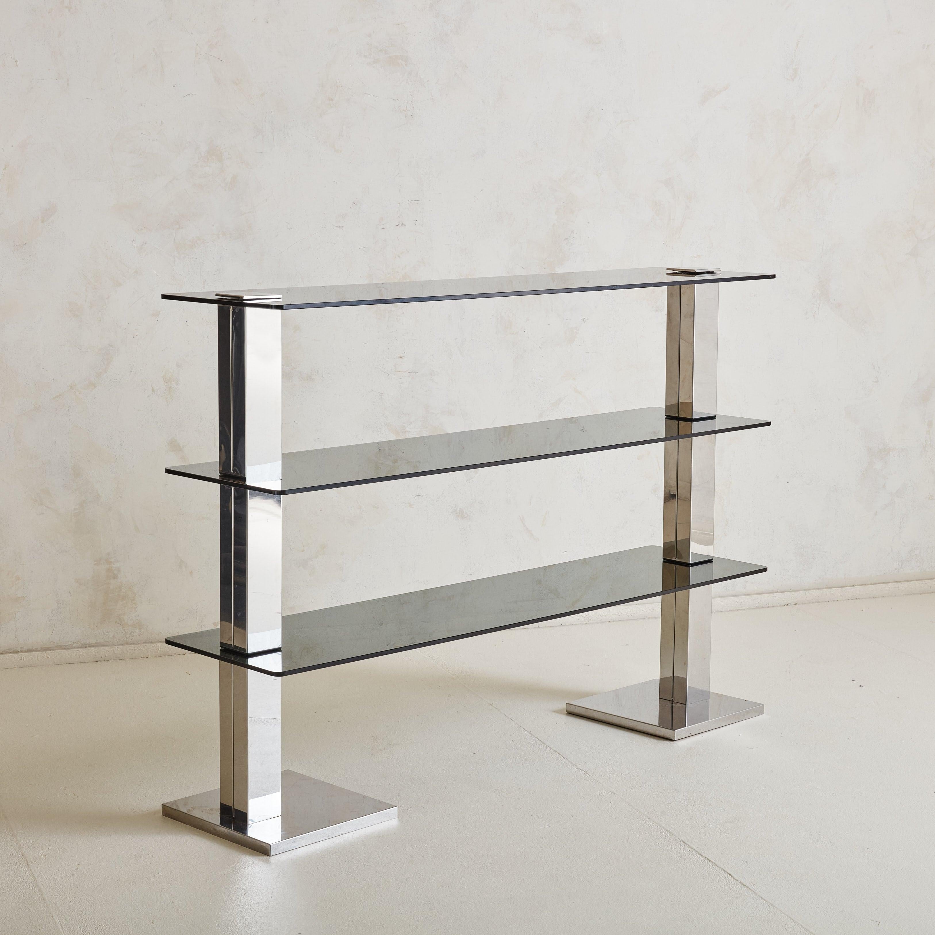 Modern Glass + Chrome Console Table or Shelf, Italy 1970s For Sale