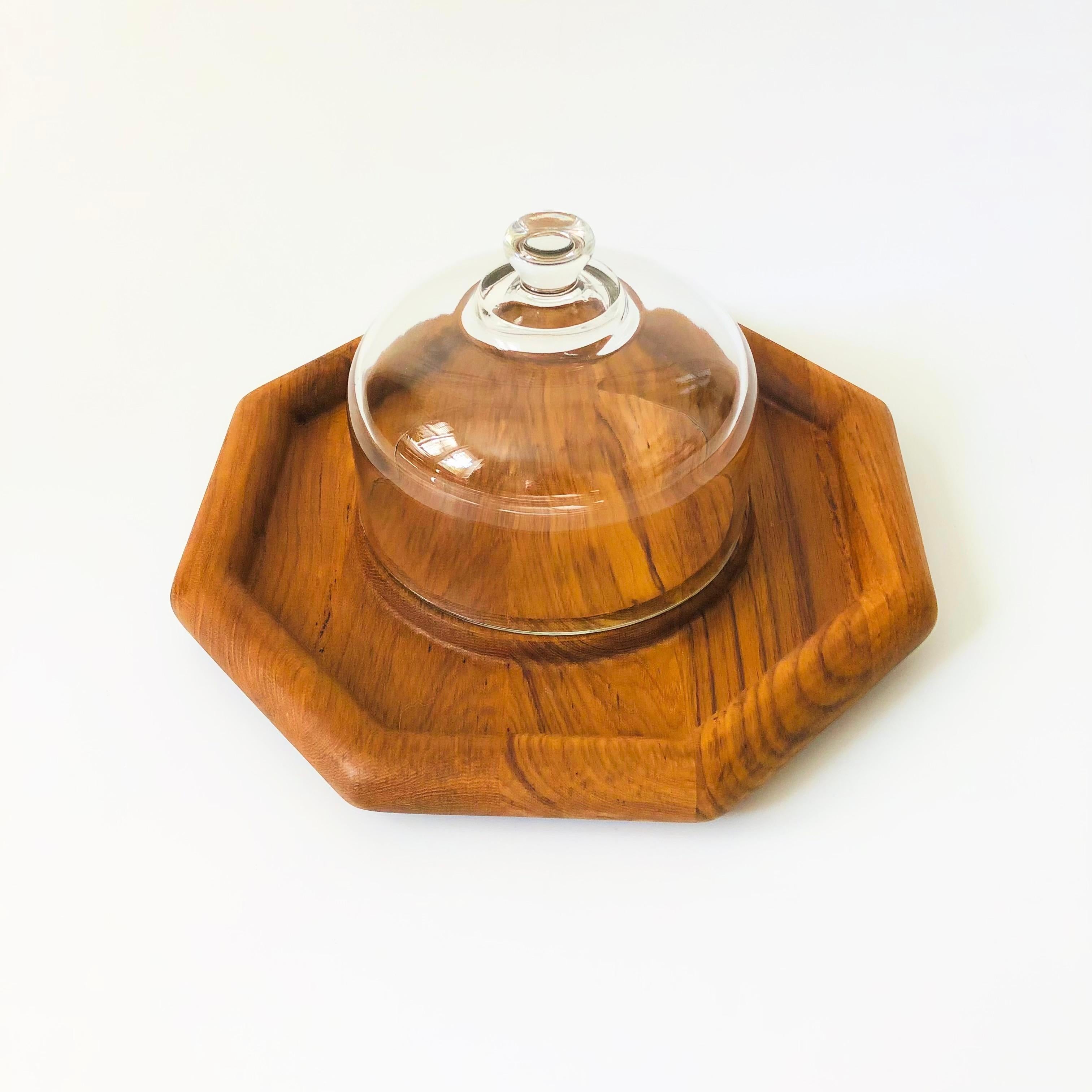 Mid-Century Modern Glass Cloche on Octagonal Teak Tray For Sale