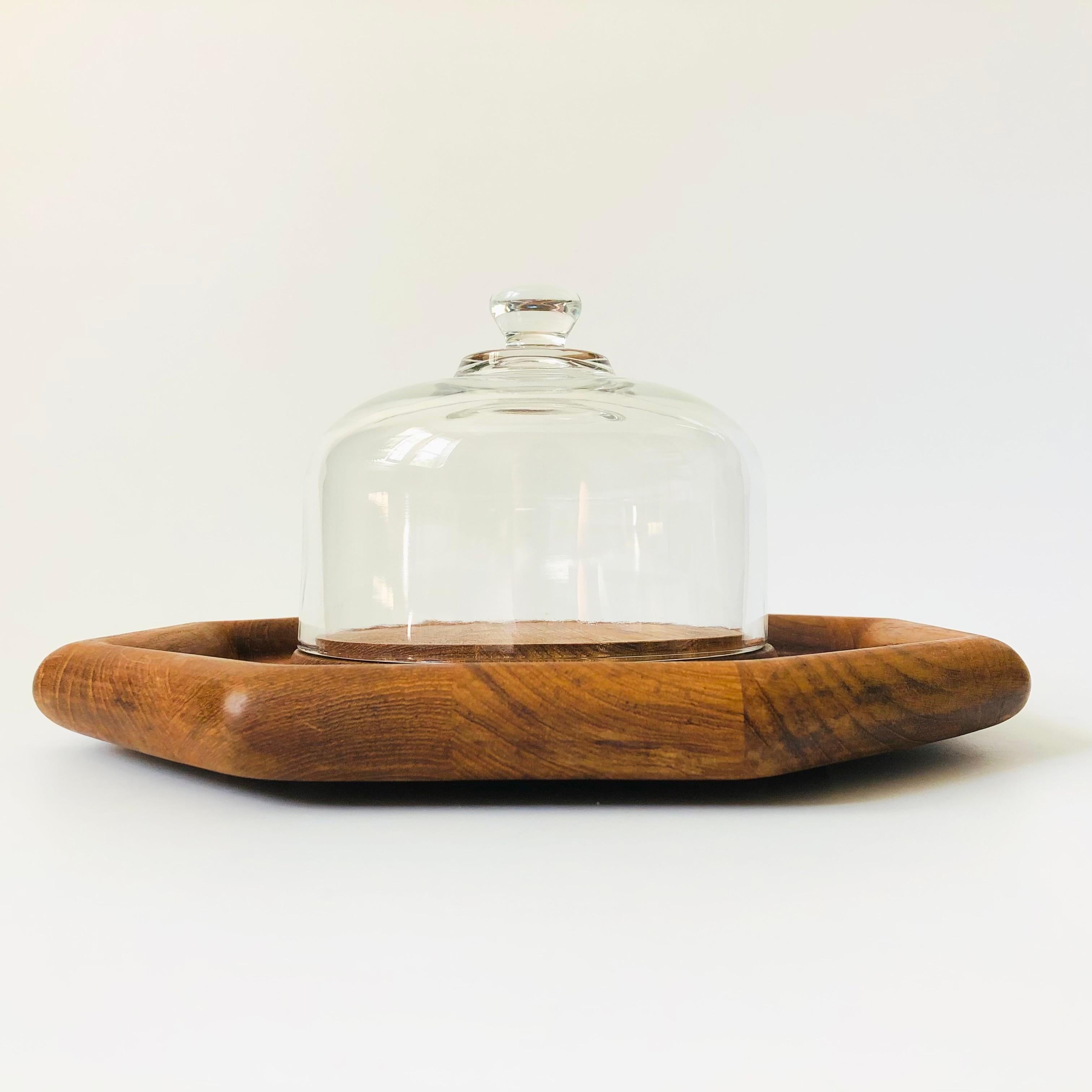 Glass Cloche on Octagonal Teak Tray In Good Condition For Sale In Vallejo, CA