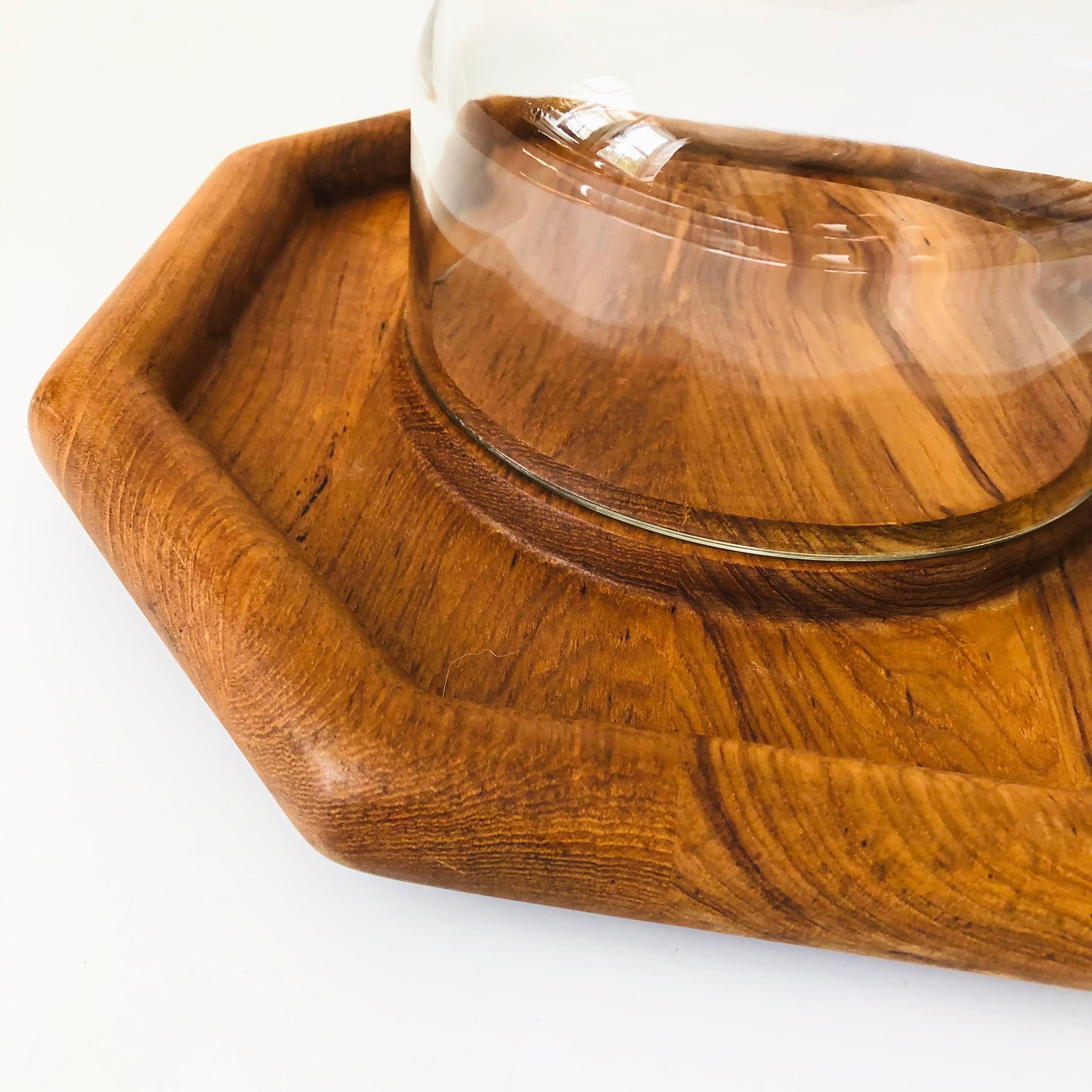 20th Century Glass Cloche on Octagonal Teak Tray For Sale