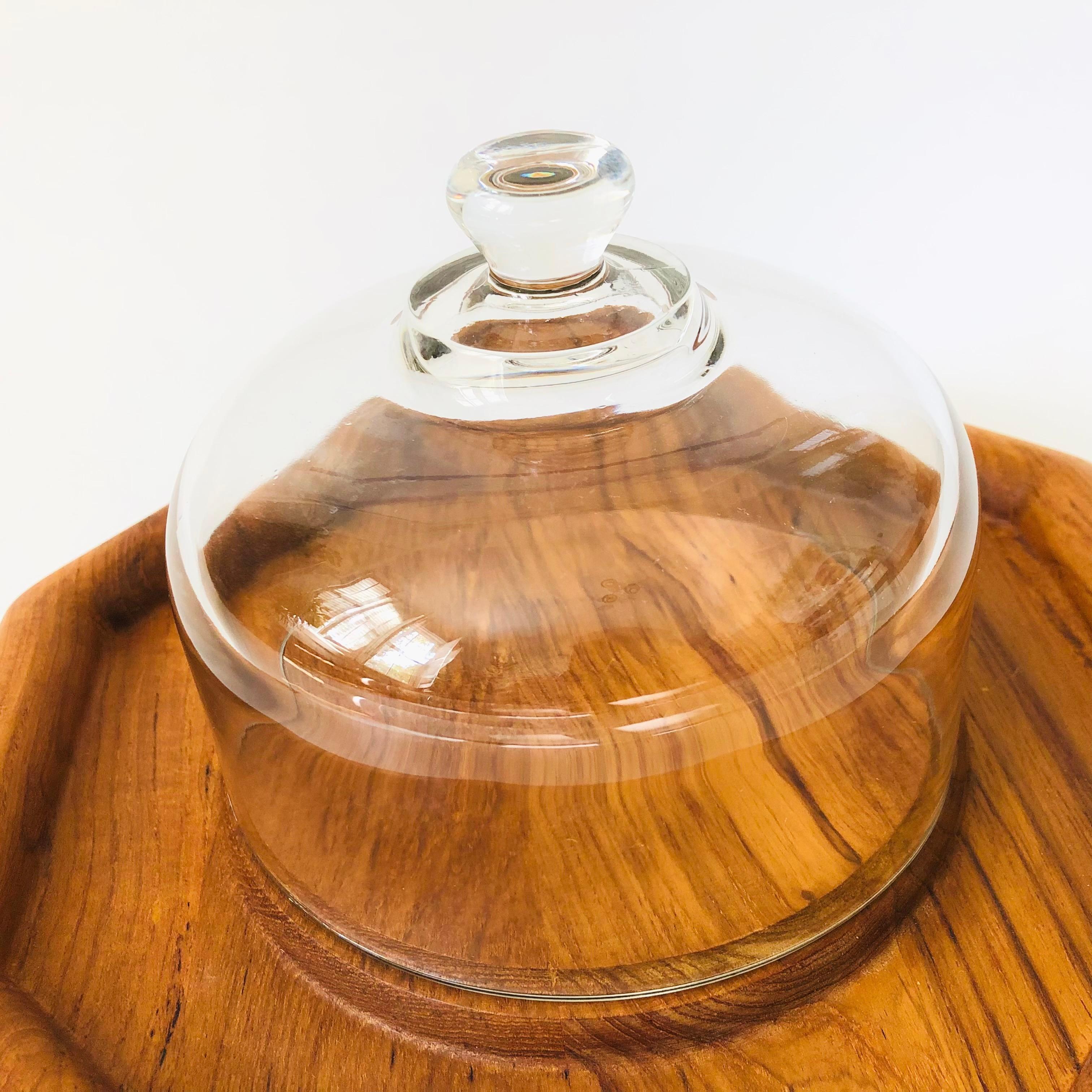 Glass Cloche on Octagonal Teak Tray For Sale 1