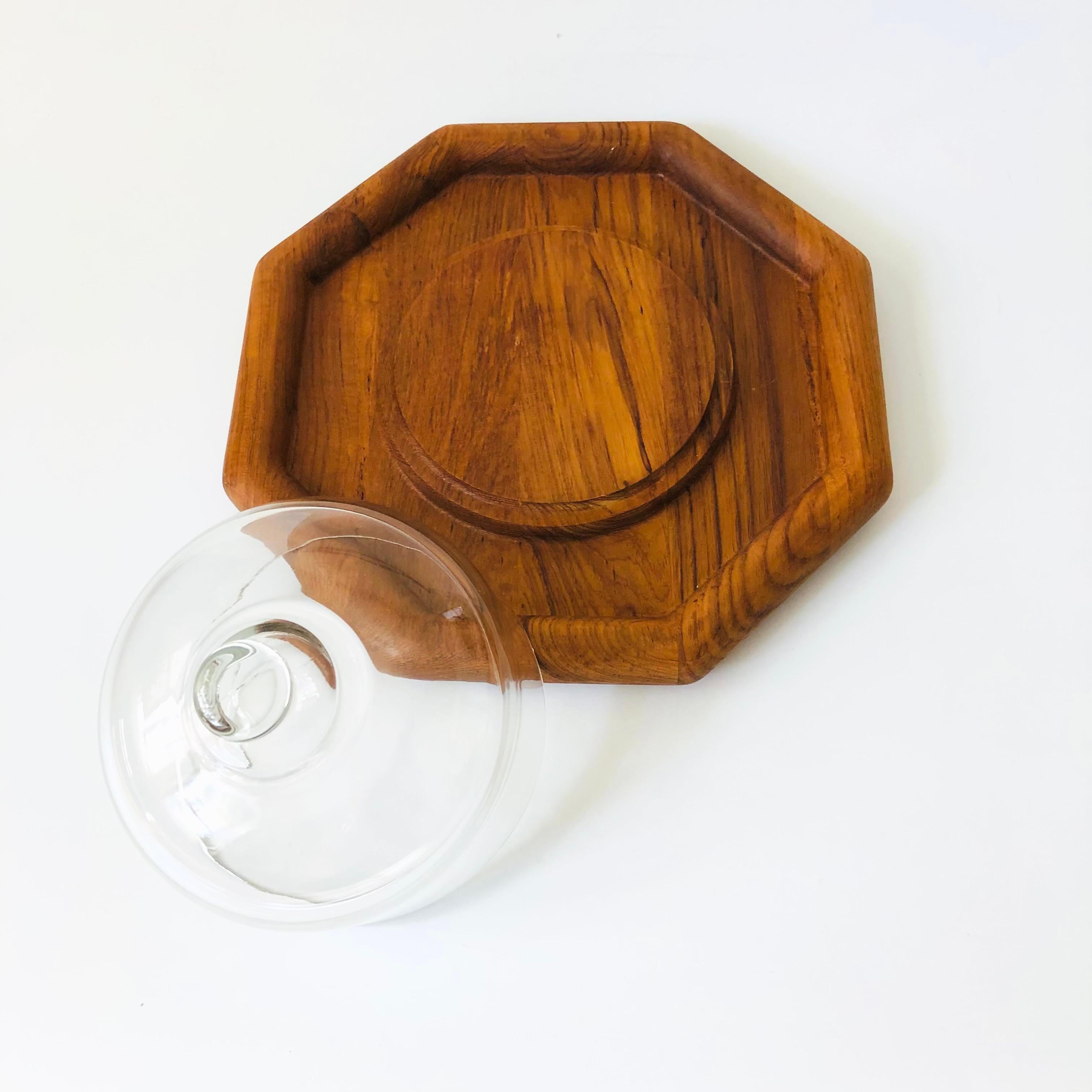 Glass Cloche on Octagonal Teak Tray For Sale 2