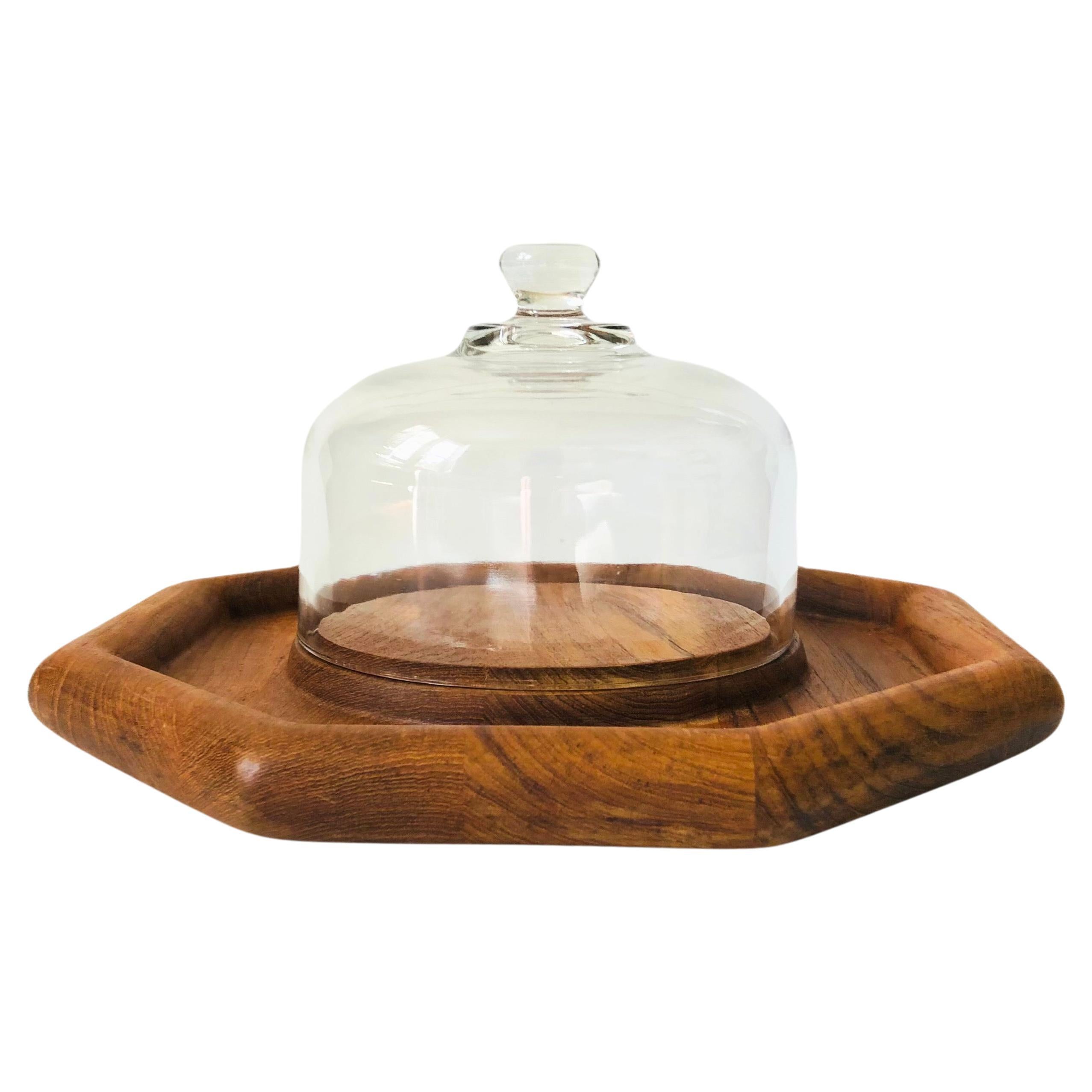 Glass Cloche on Octagonal Teak Tray For Sale