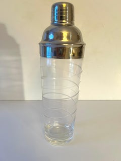 Glass Cocktail Shaker Etched Swirls on Body of the Piece with Strainer and Cap