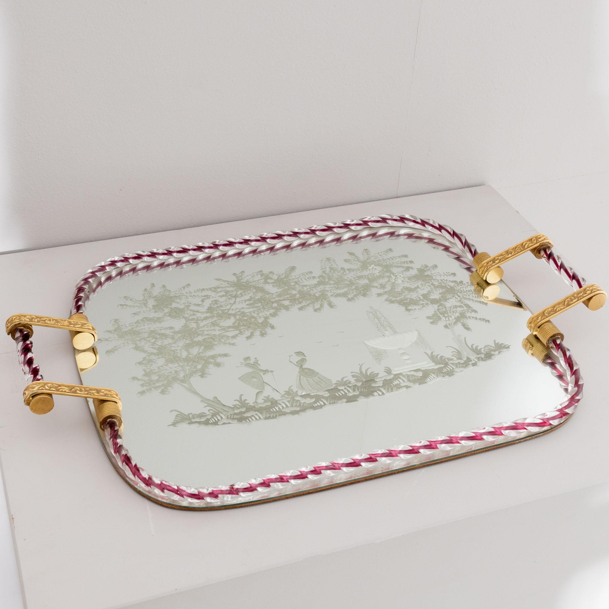 Glass Cocktail Tray with brass handles by Barovier e Toso, Italy, 1950s 5