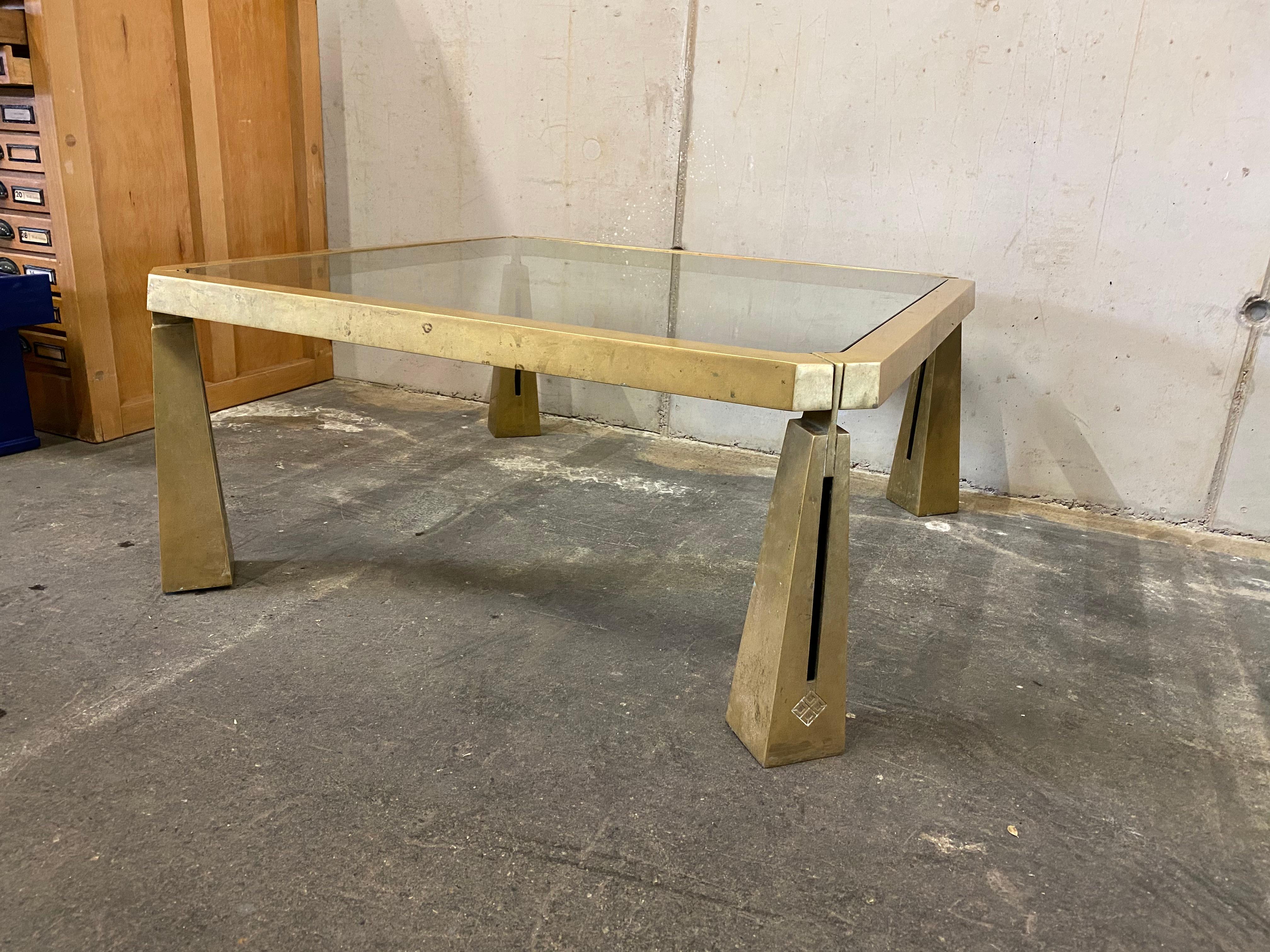 Brutalist Glass Coffee Table by Peter Ghyczy, Glass Top on Brass Frame