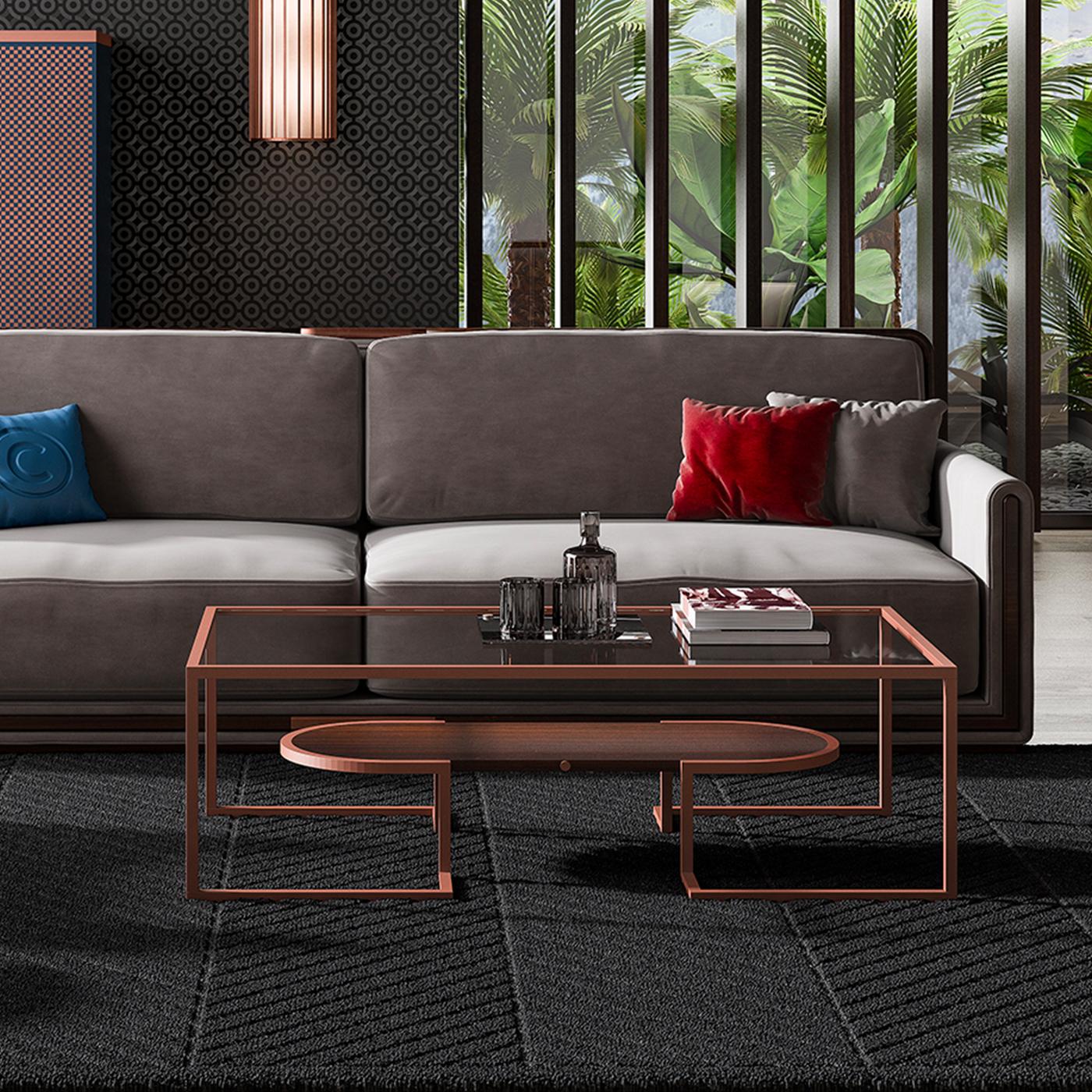 Characterized by sleek lines and flowing proportions, this Minimalist coffee will be an alluring focal point of a modern-styled dining room. Supported by an open metal structure with a brushed-copper finish, this impressive coffee table has a